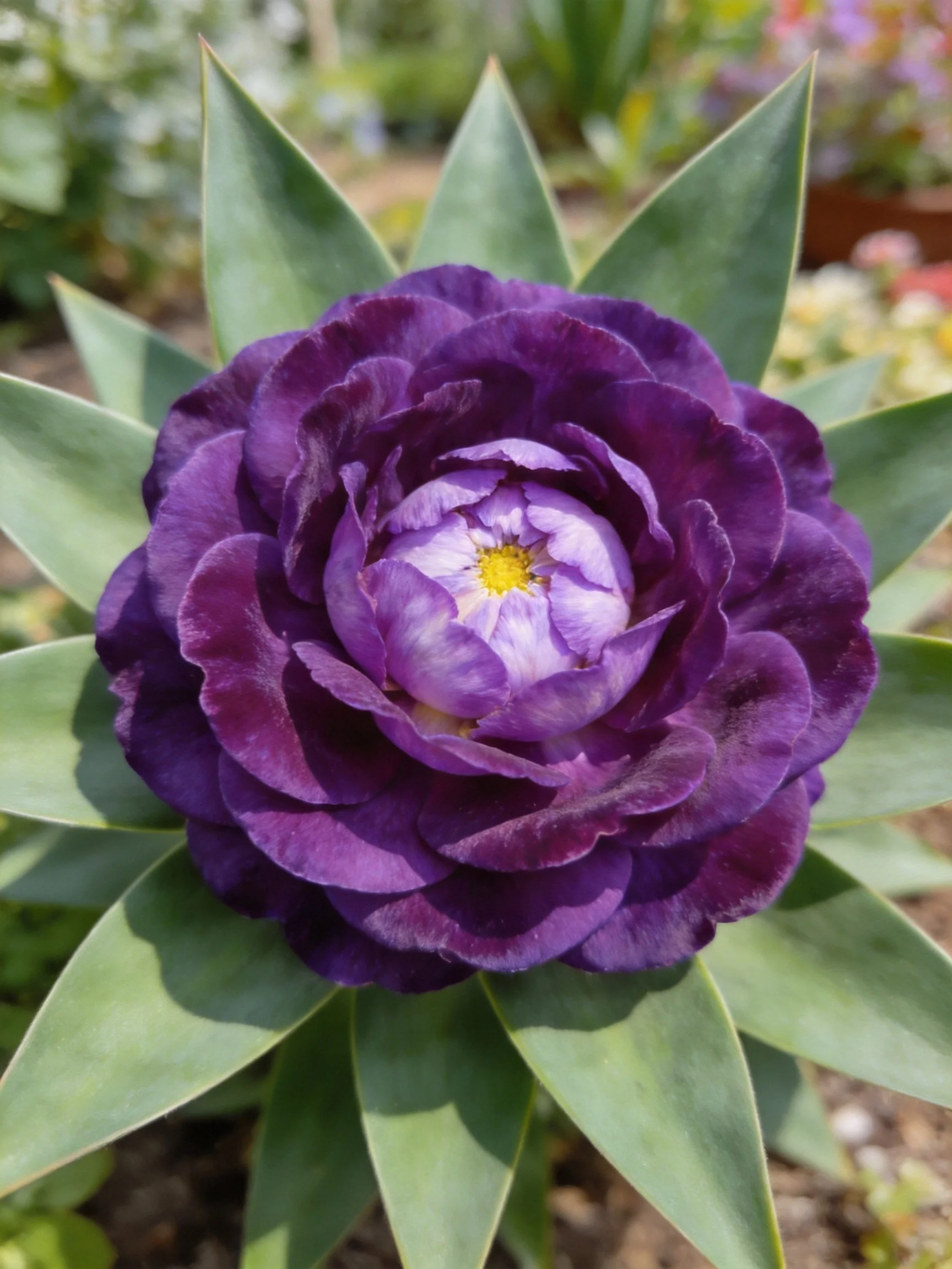 A deep purple layered flower with pointed green leaves
