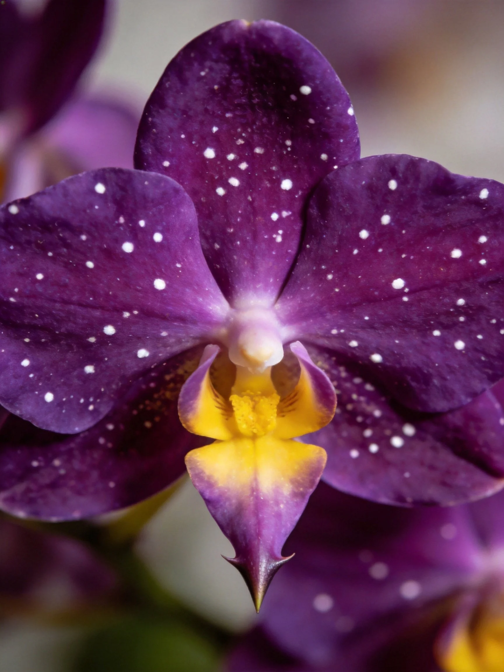A deep purple orchid with white speckles and yellow center