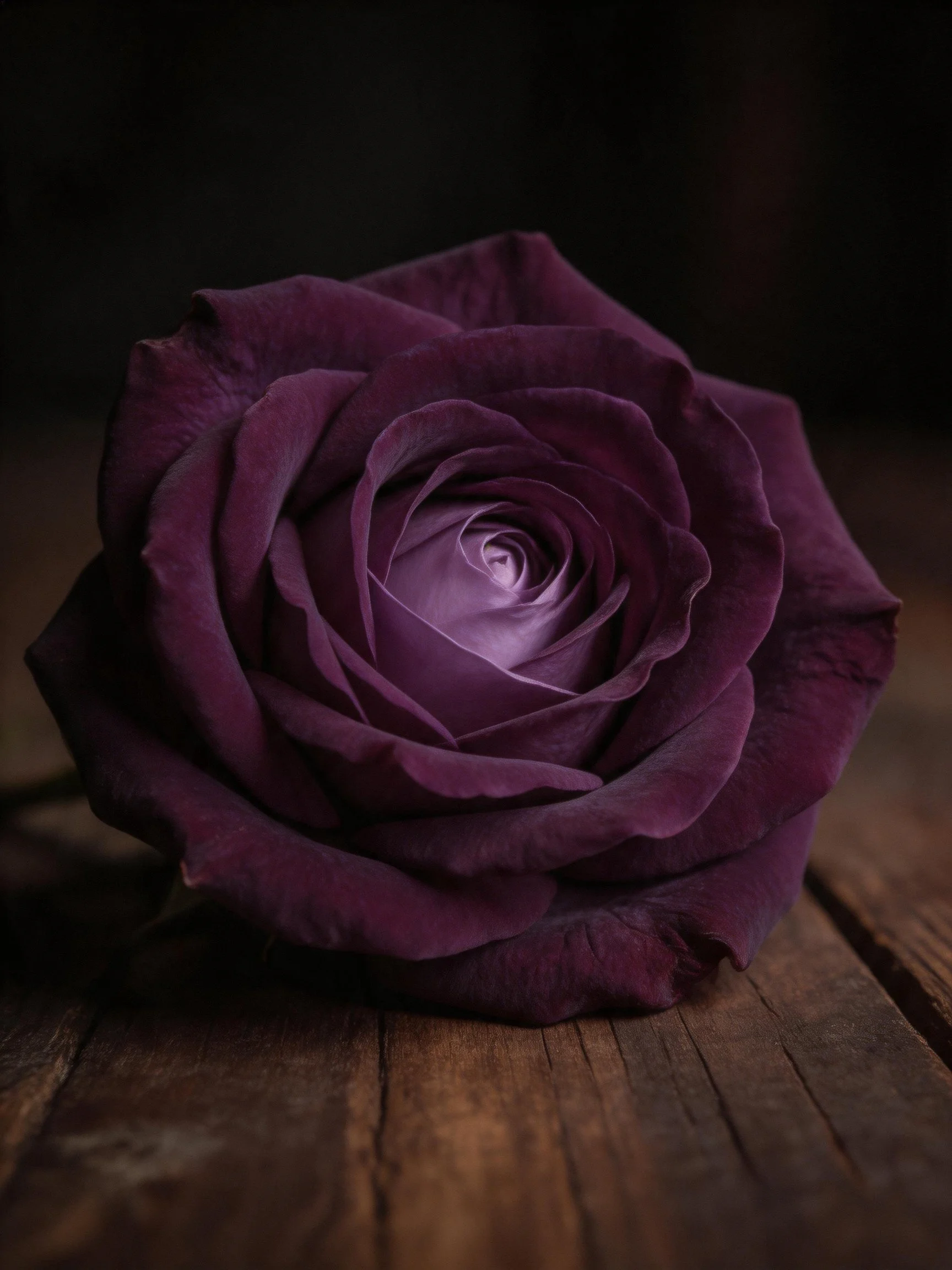 A deep purple rose rests on a rustic wooden surface