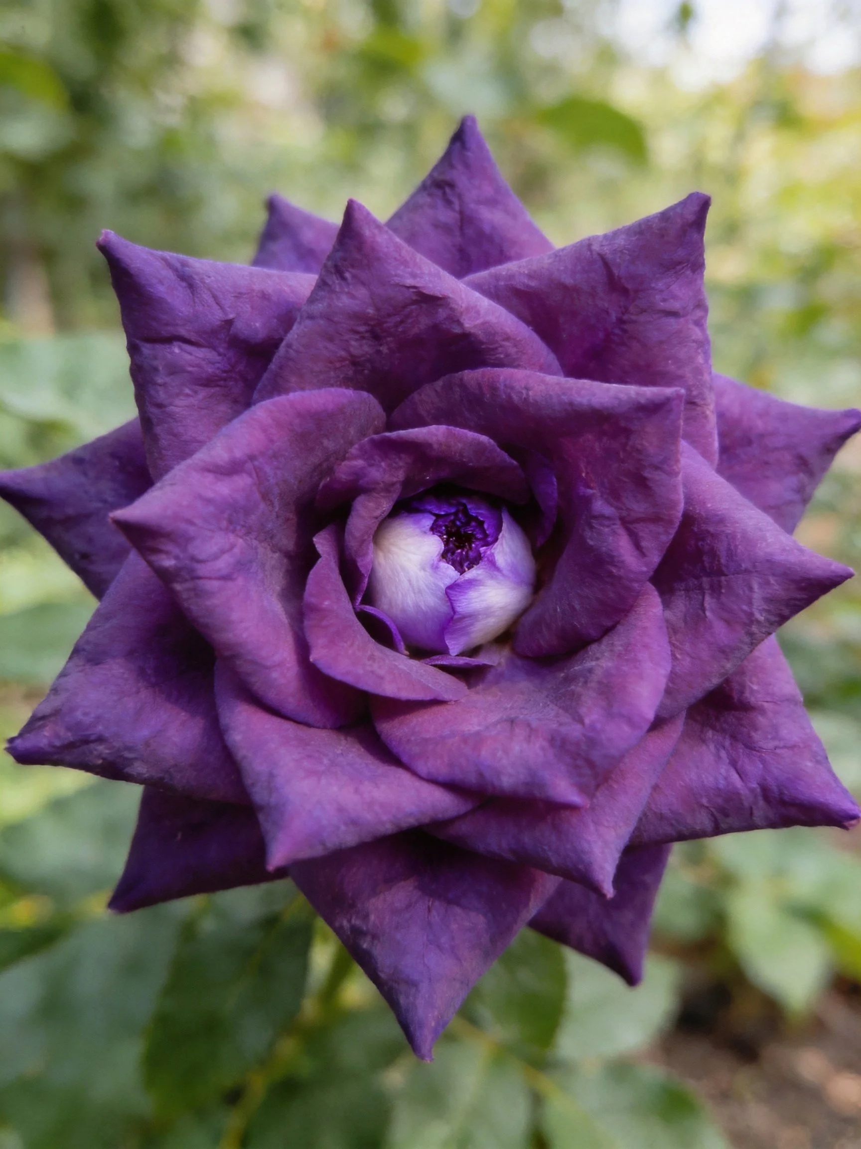 A deep purple rose with layered petals and a central bud