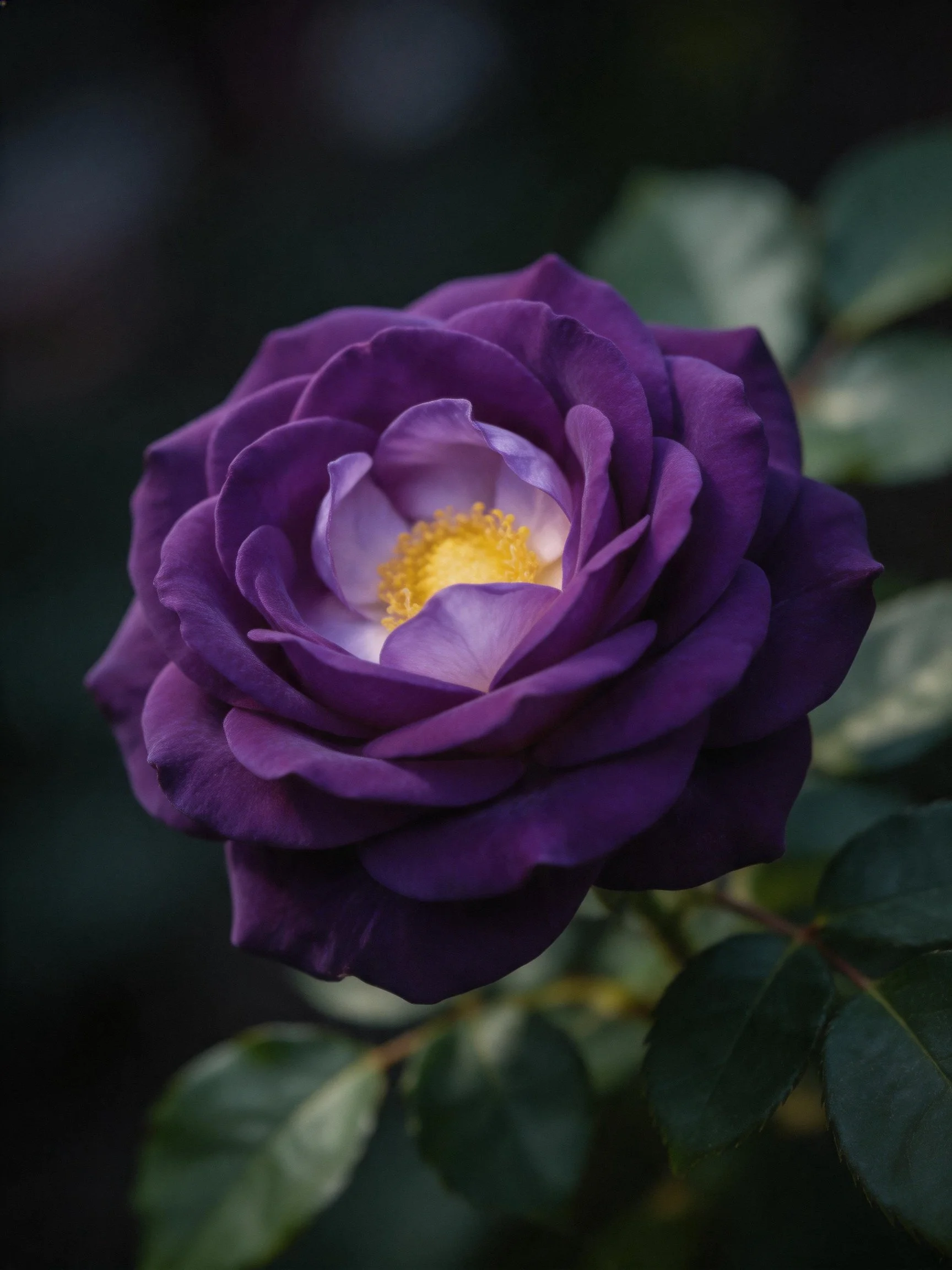 A deep purple rose with layered petals and a golden center