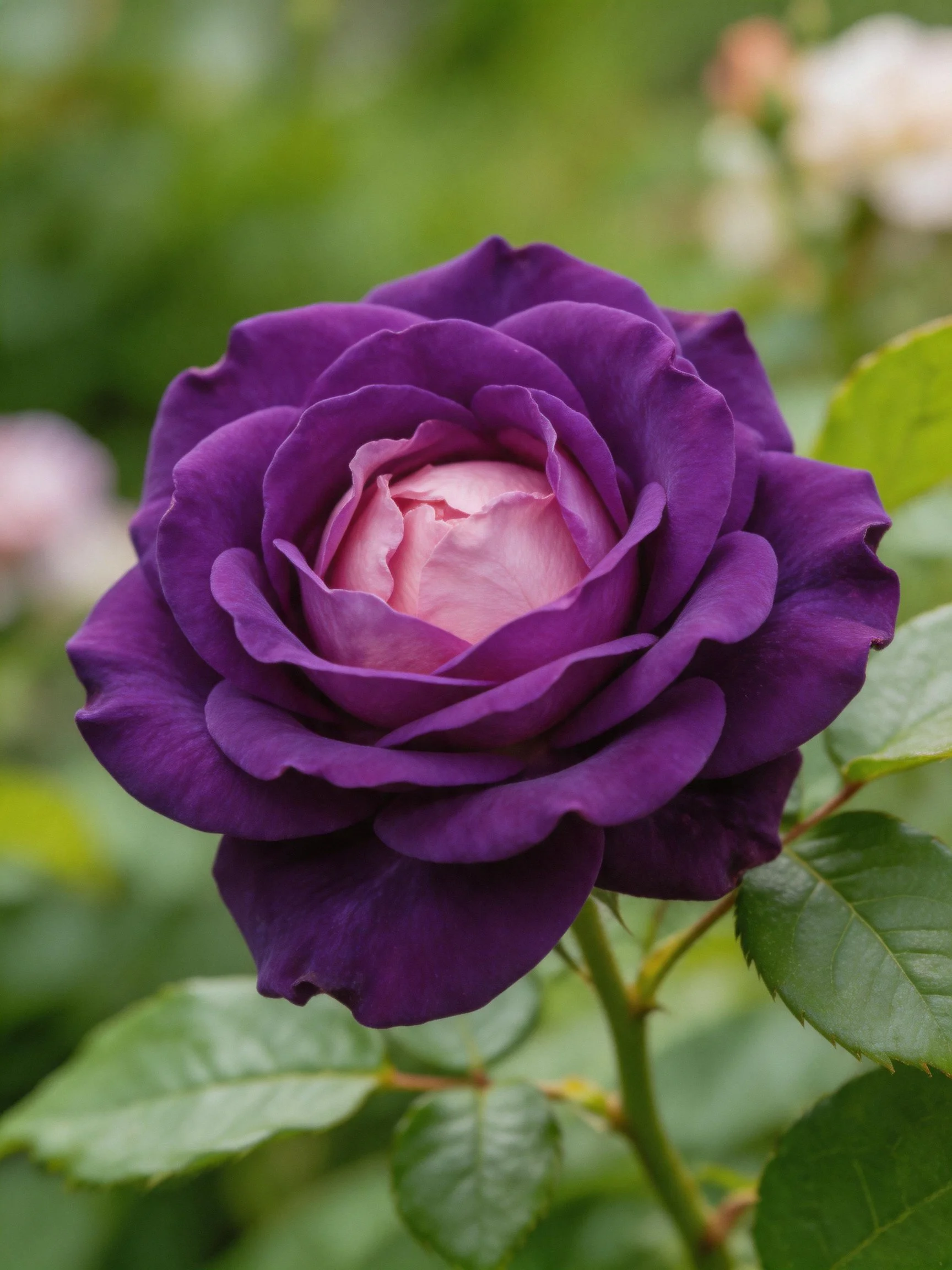 A deep purple rose with pink center and green foliage