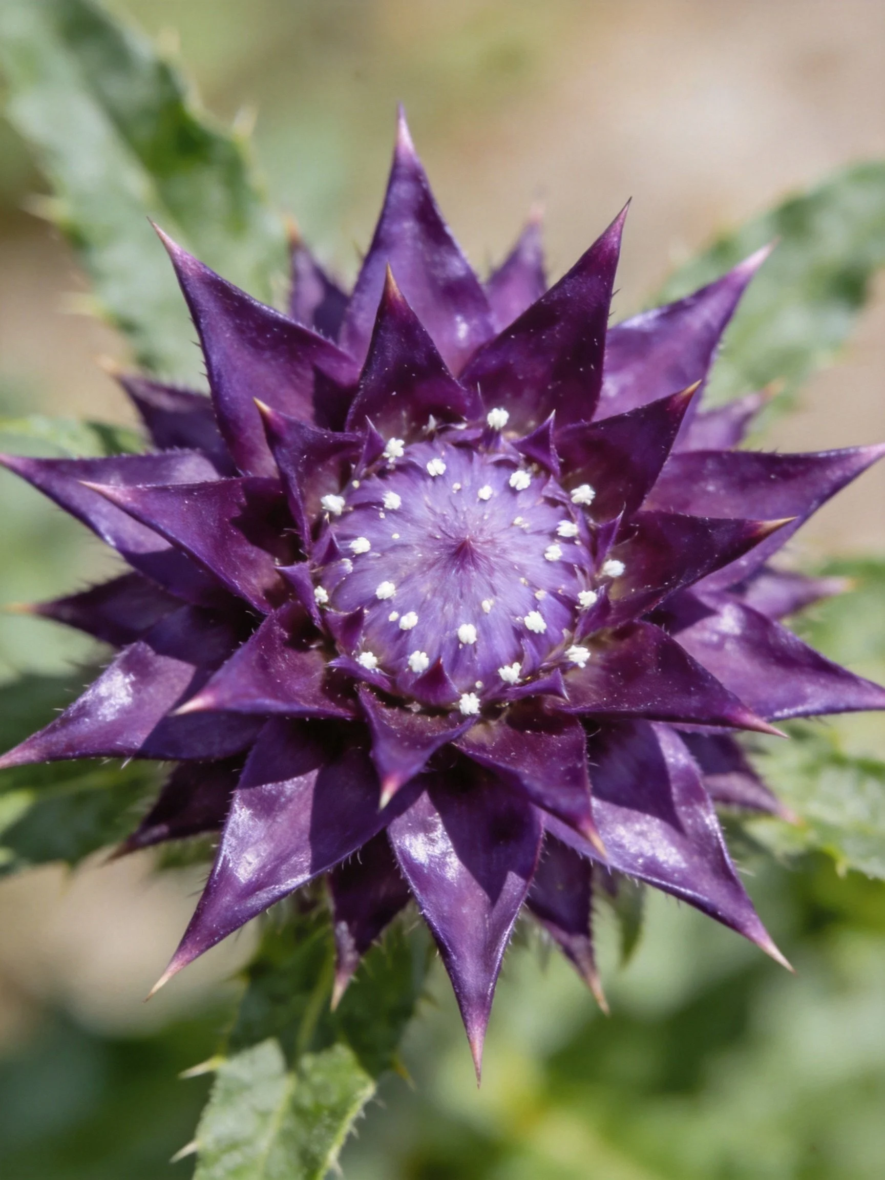 A deep purple thistle flower with spiky petals and central disc