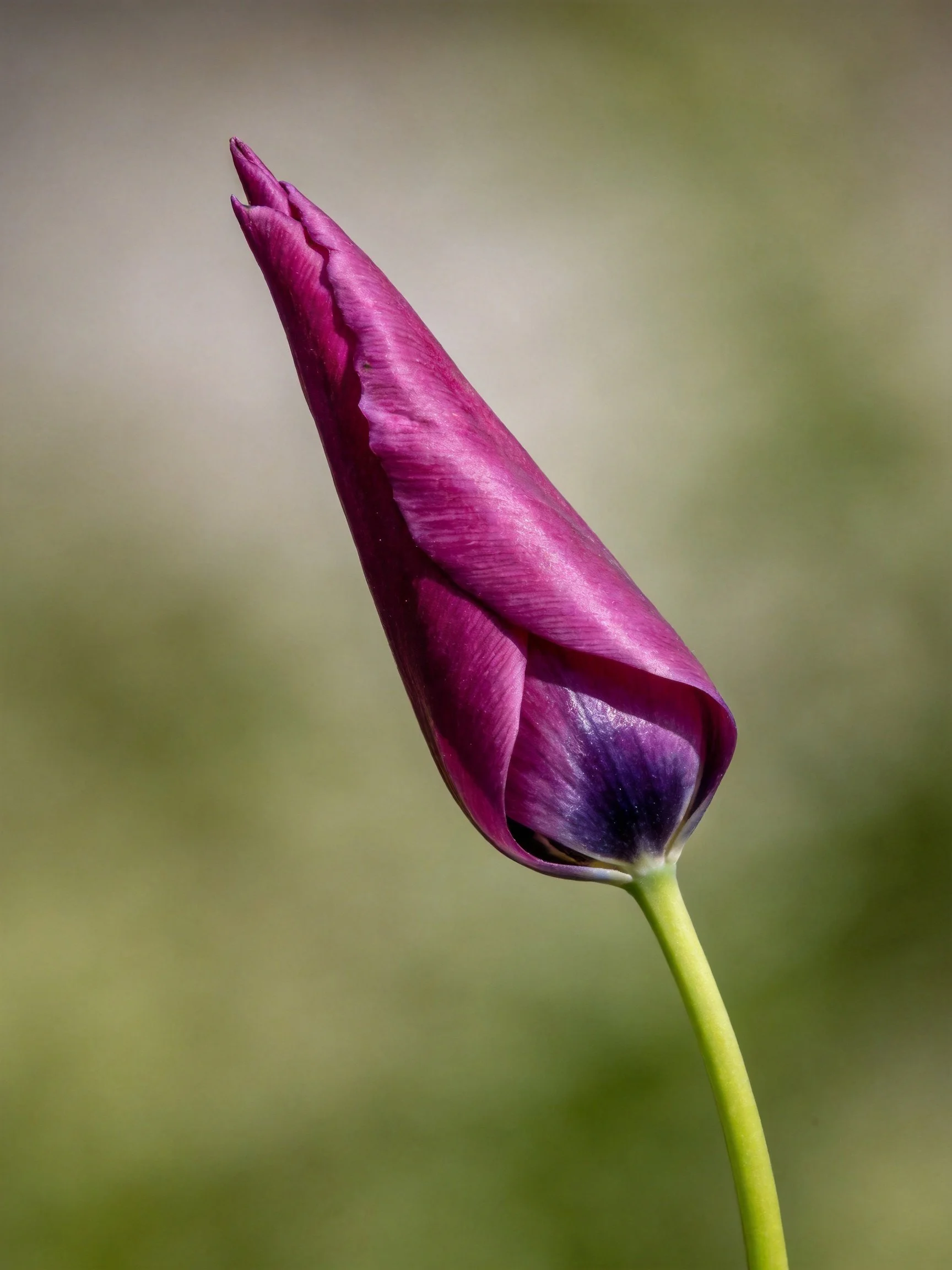 A deep purple tulip bud with a slender green stem