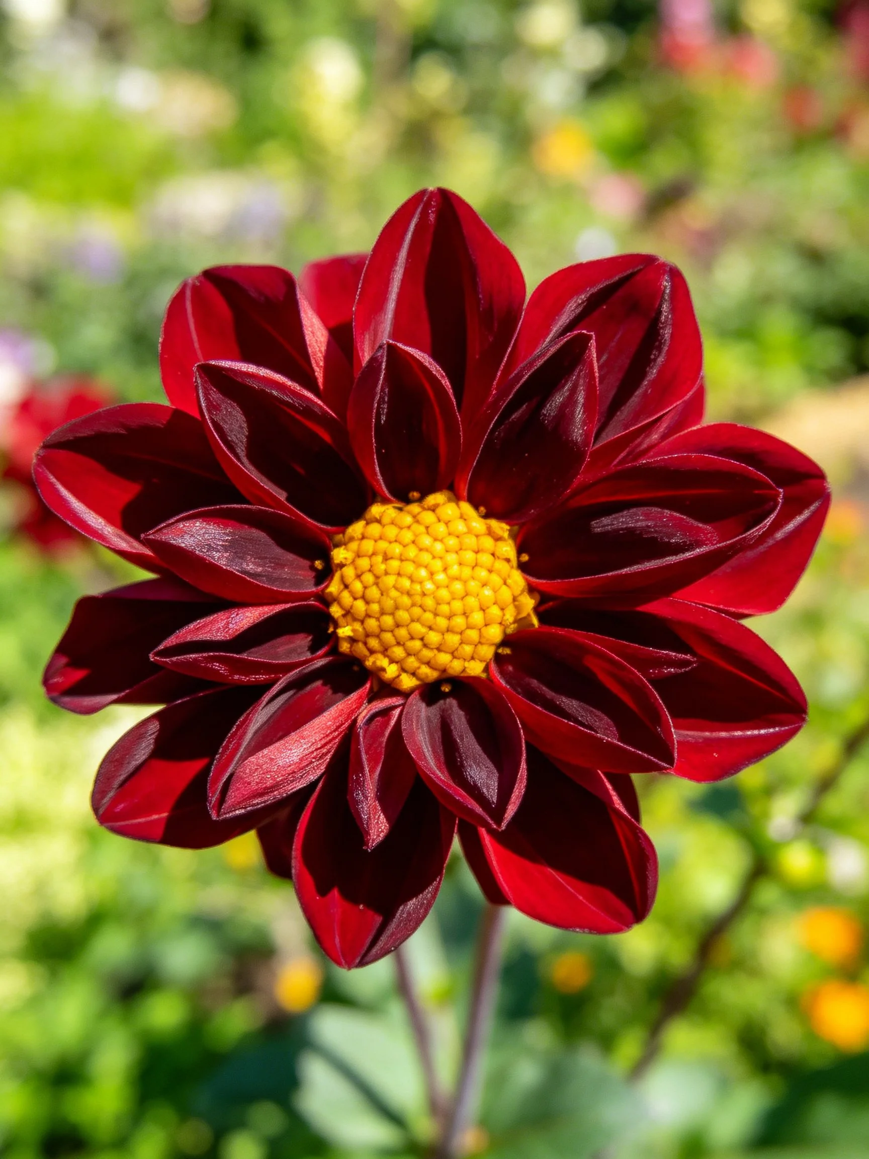 A deep red dahlia with a golden center in a lush garden