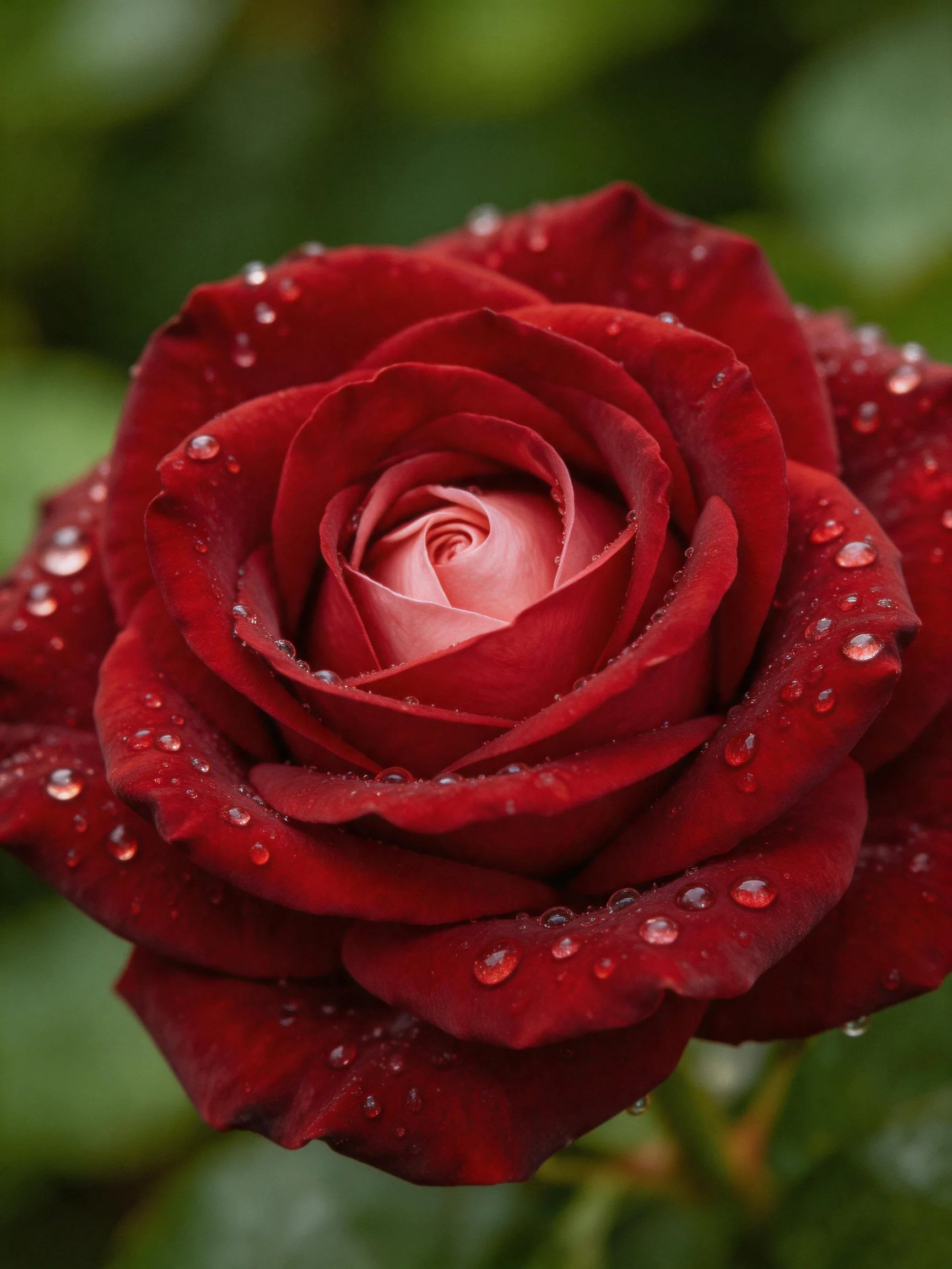 A deep red rose adorned with glistening dewdrops