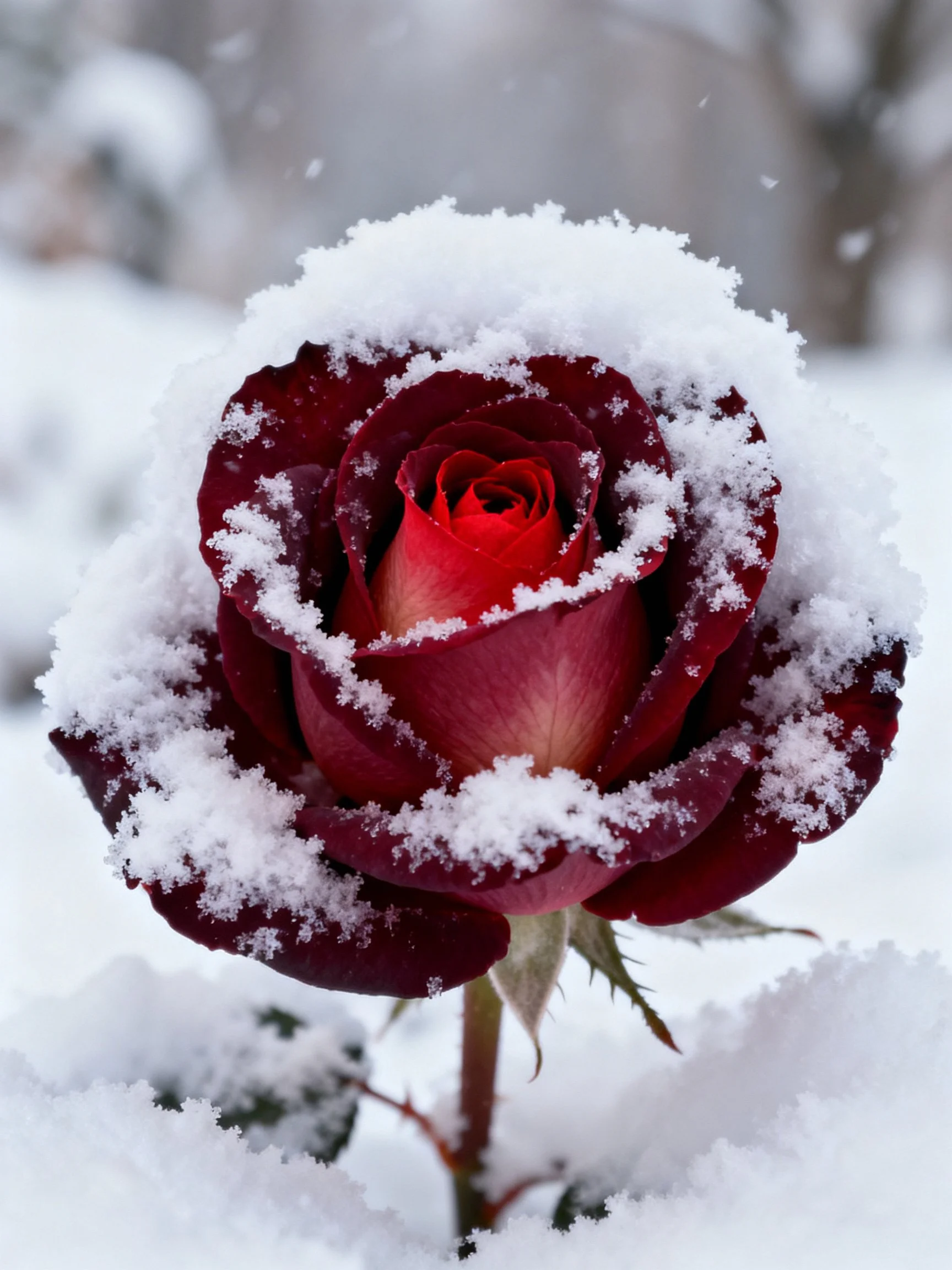 A deep red rose blanketed in fresh snow