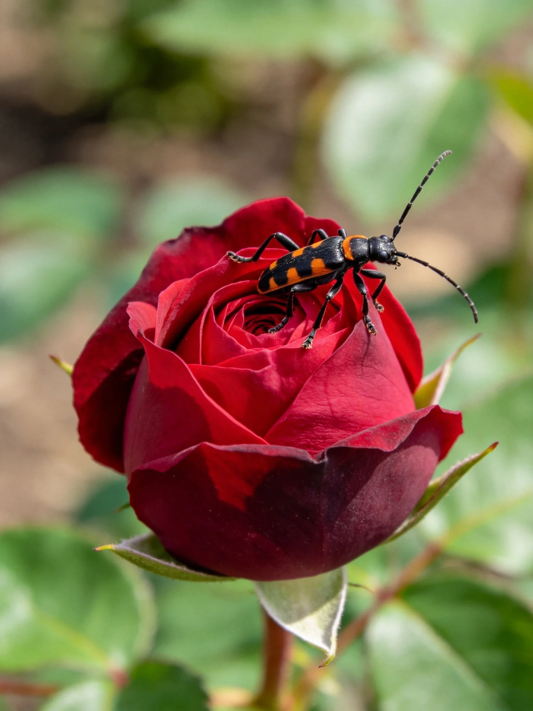 A deep red rose bud with a black and orange striped beetle