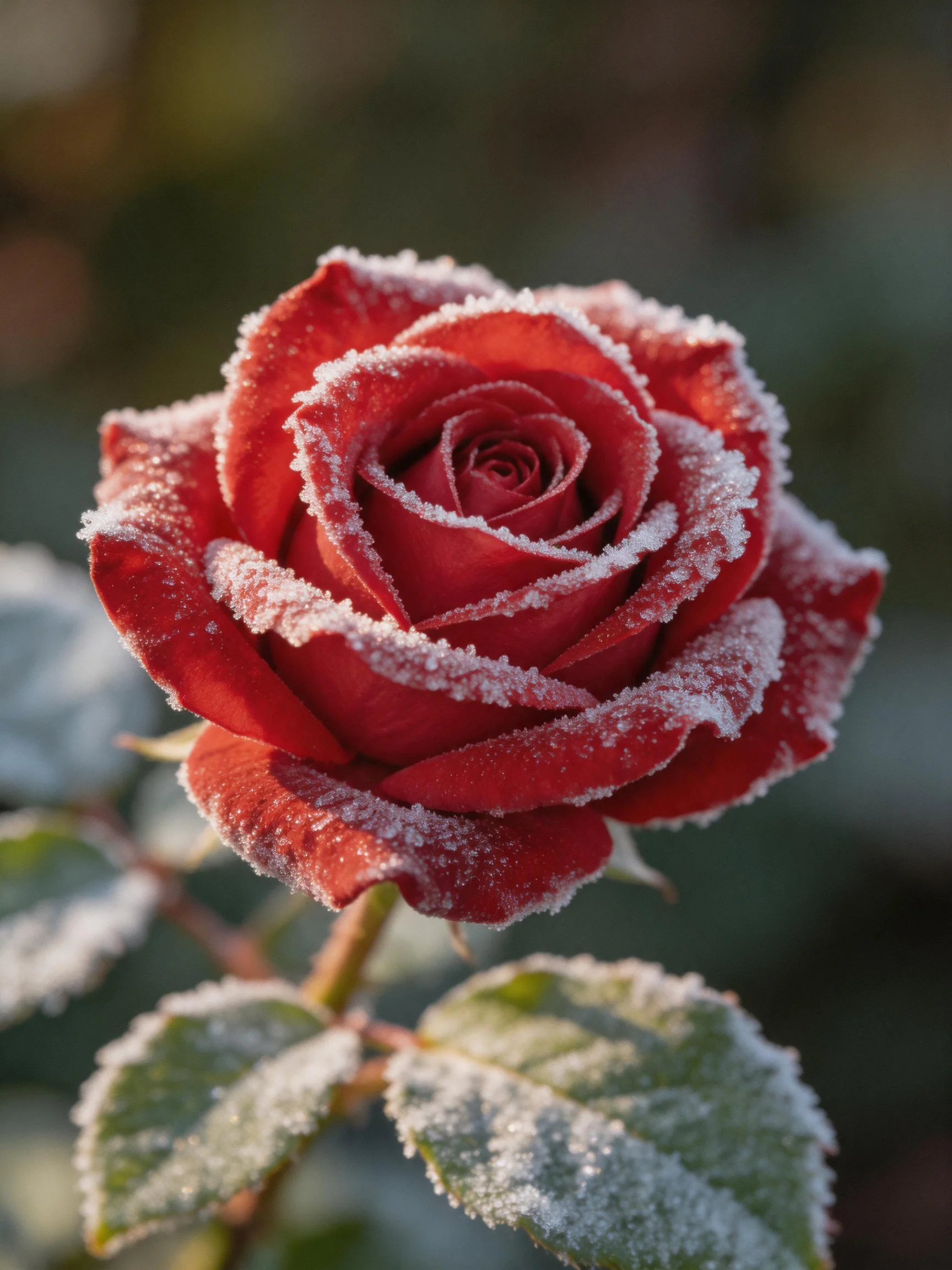 A deep red rose dusted with frost crystals