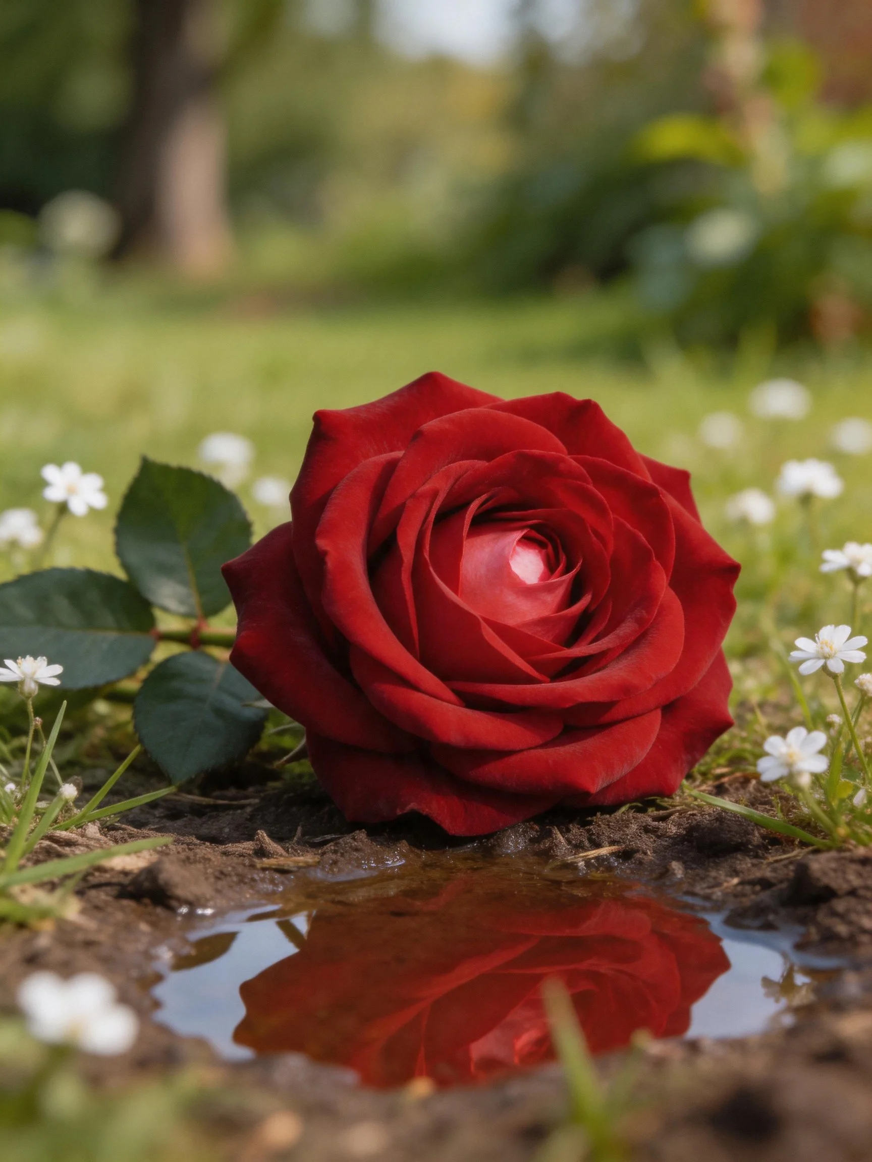 A deep red rose lies beside a reflective water pool amid greenery and white flowers