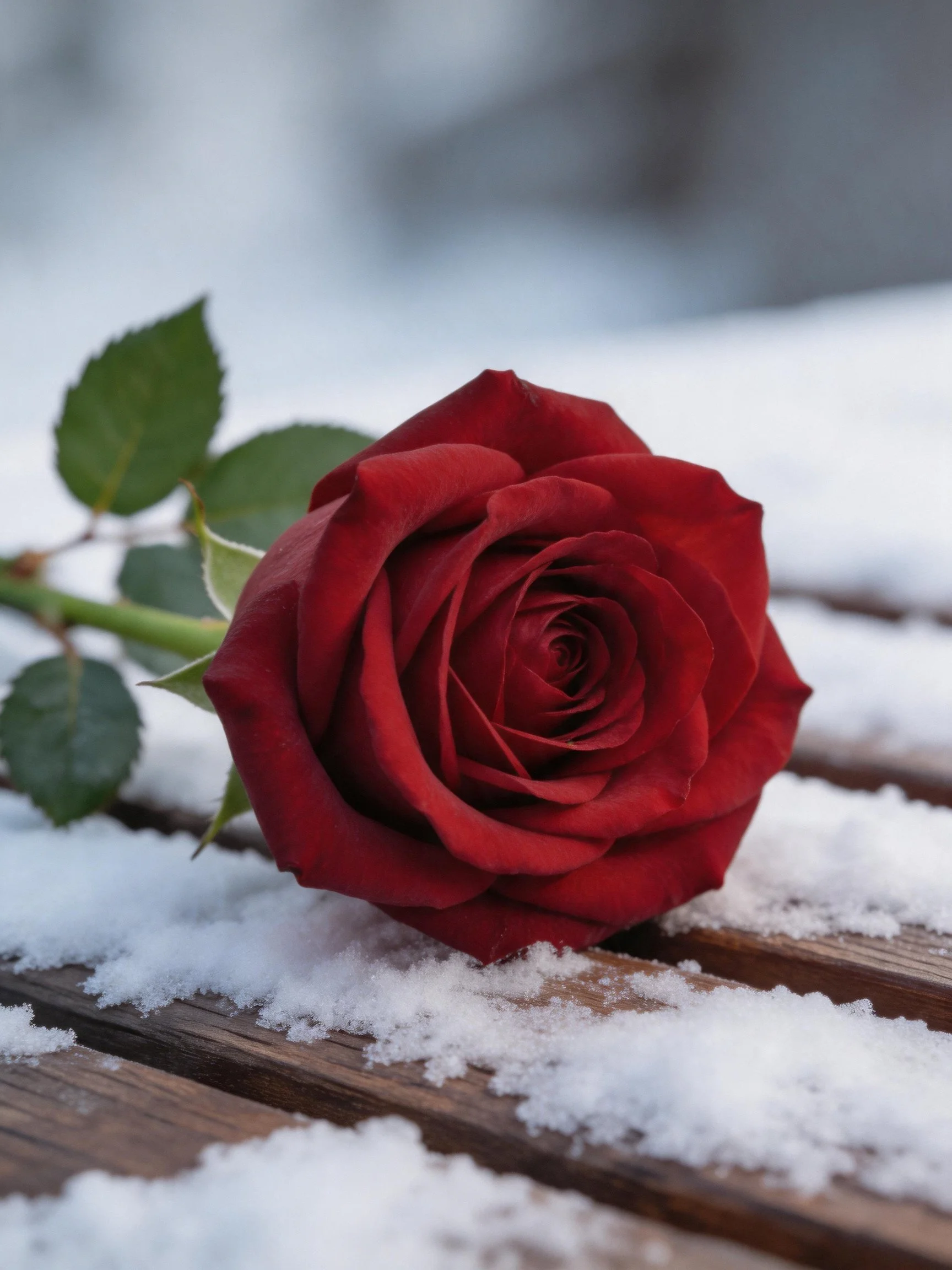A deep red rose rests on a snow-covered wooden surface