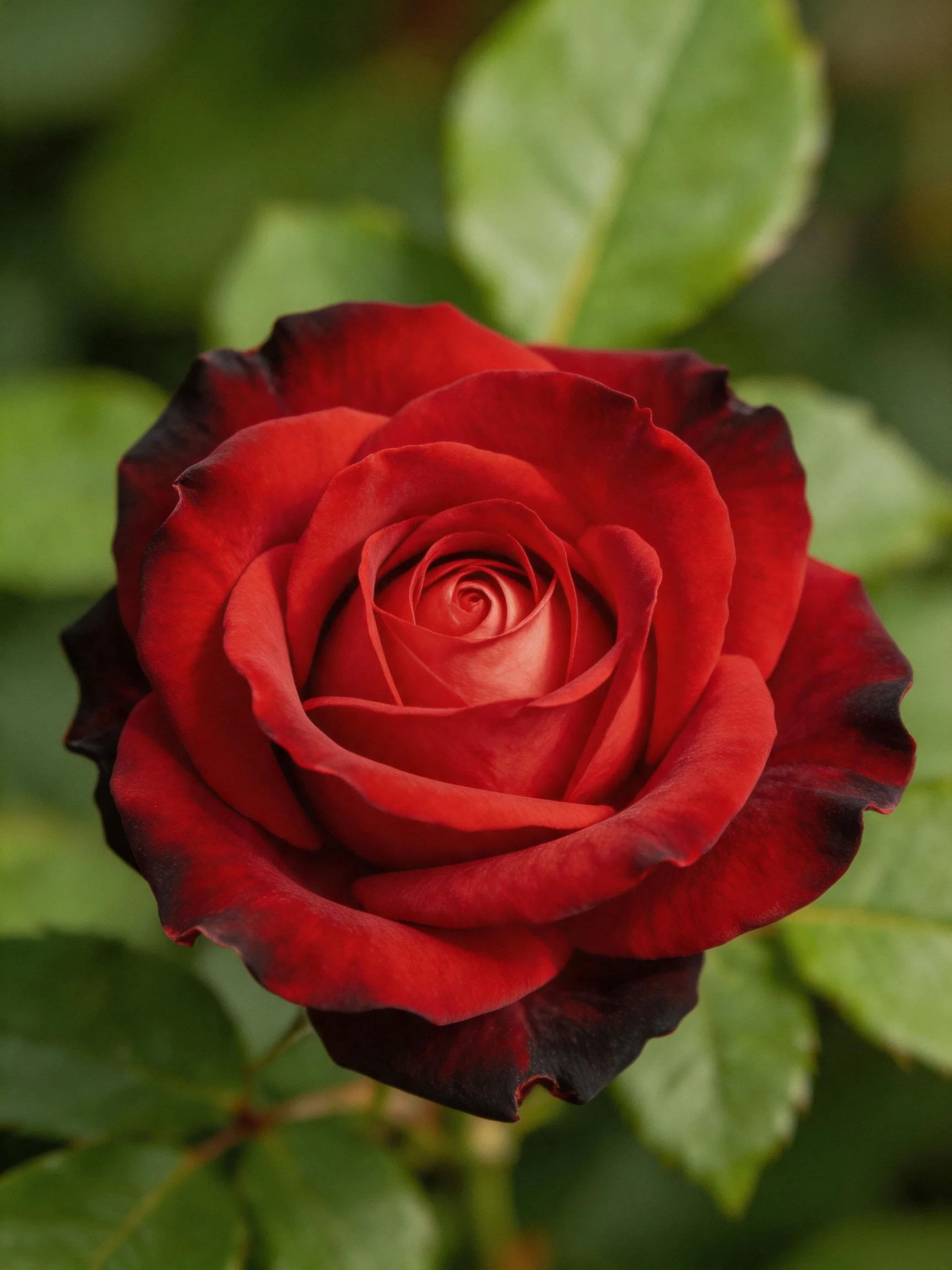 A deep red rose with dark - edged petals among green leaves