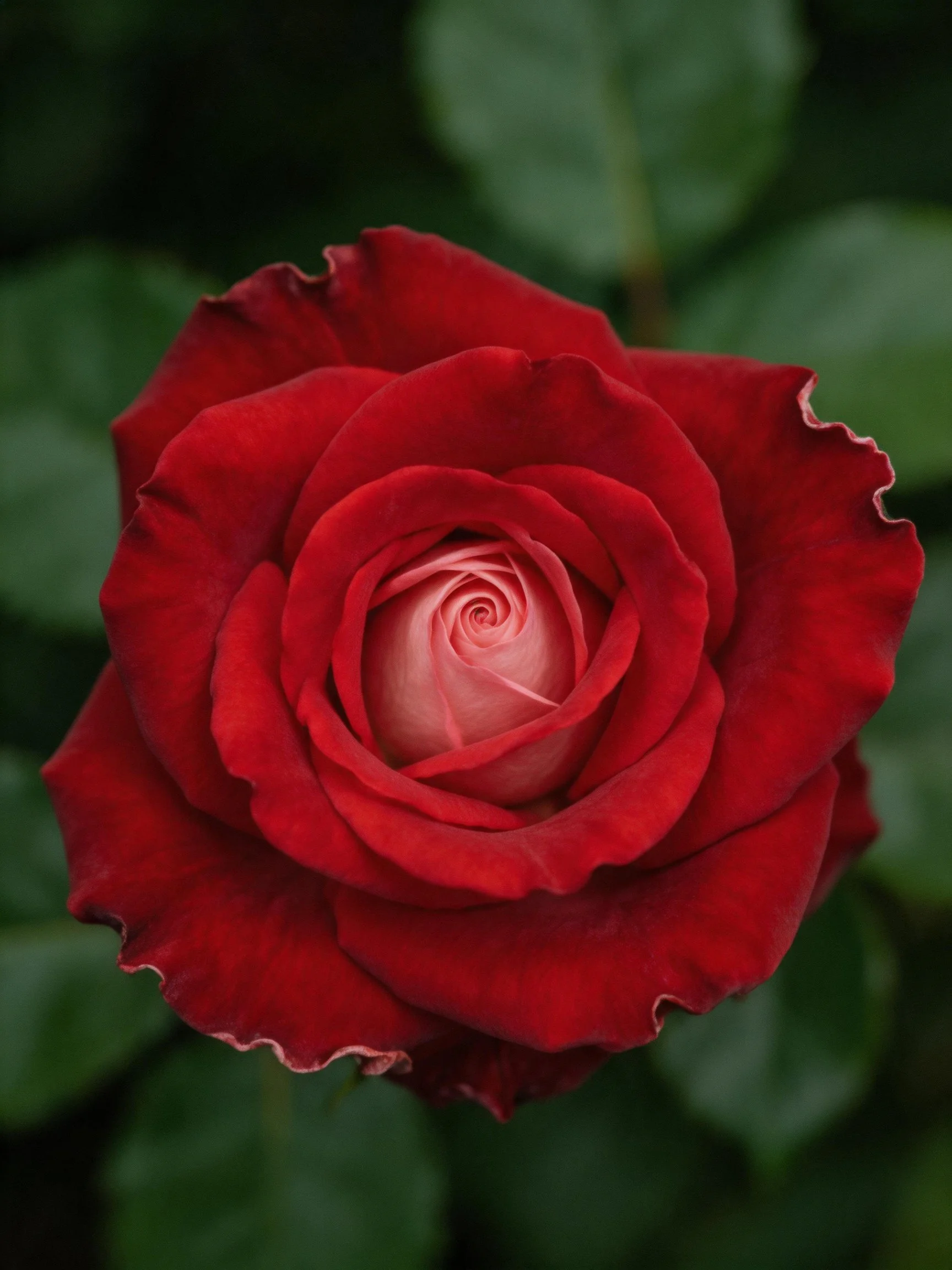 A deep red rose with layered petals and green foliage