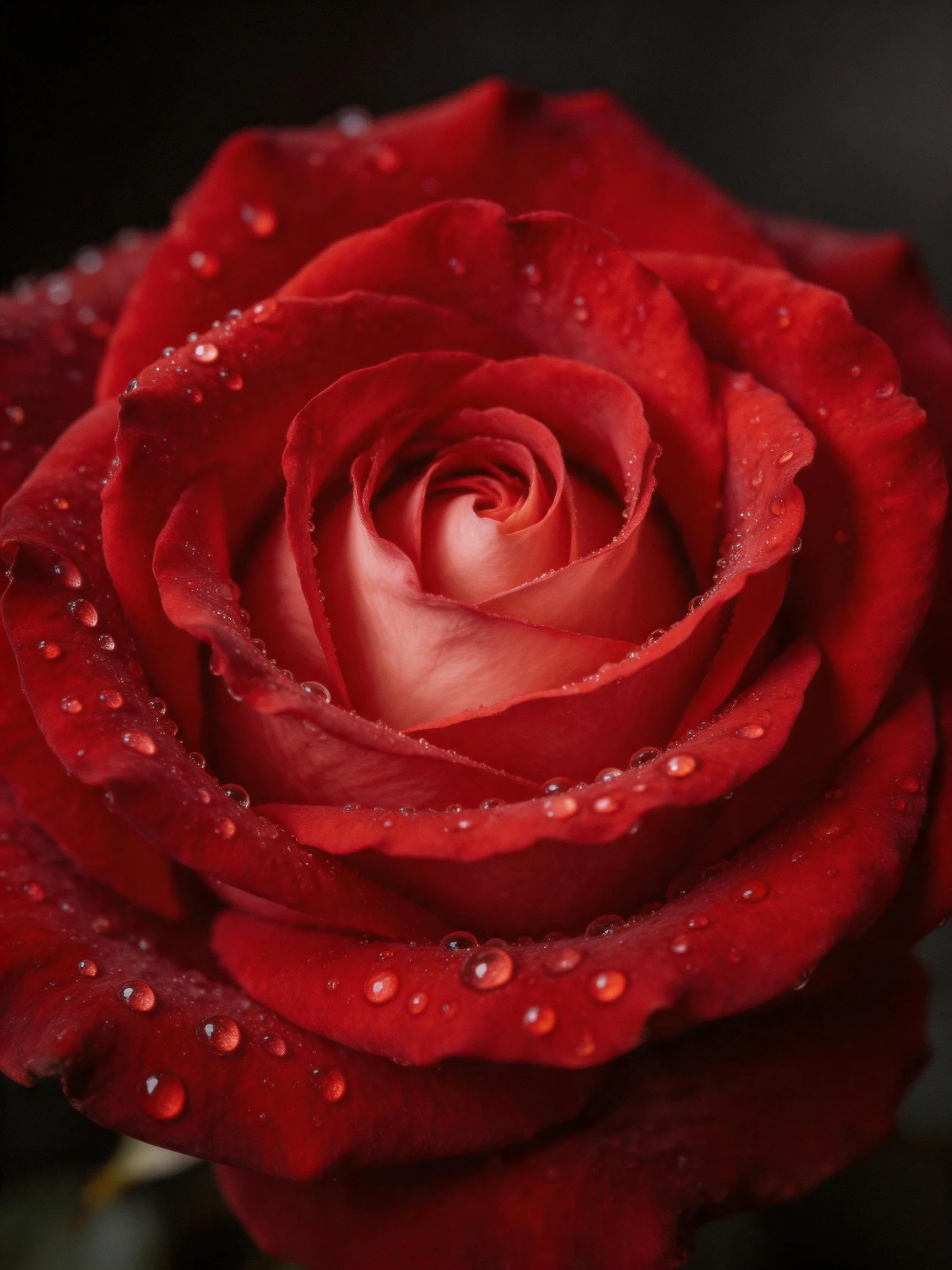 A deep red rose with water droplets in close - up