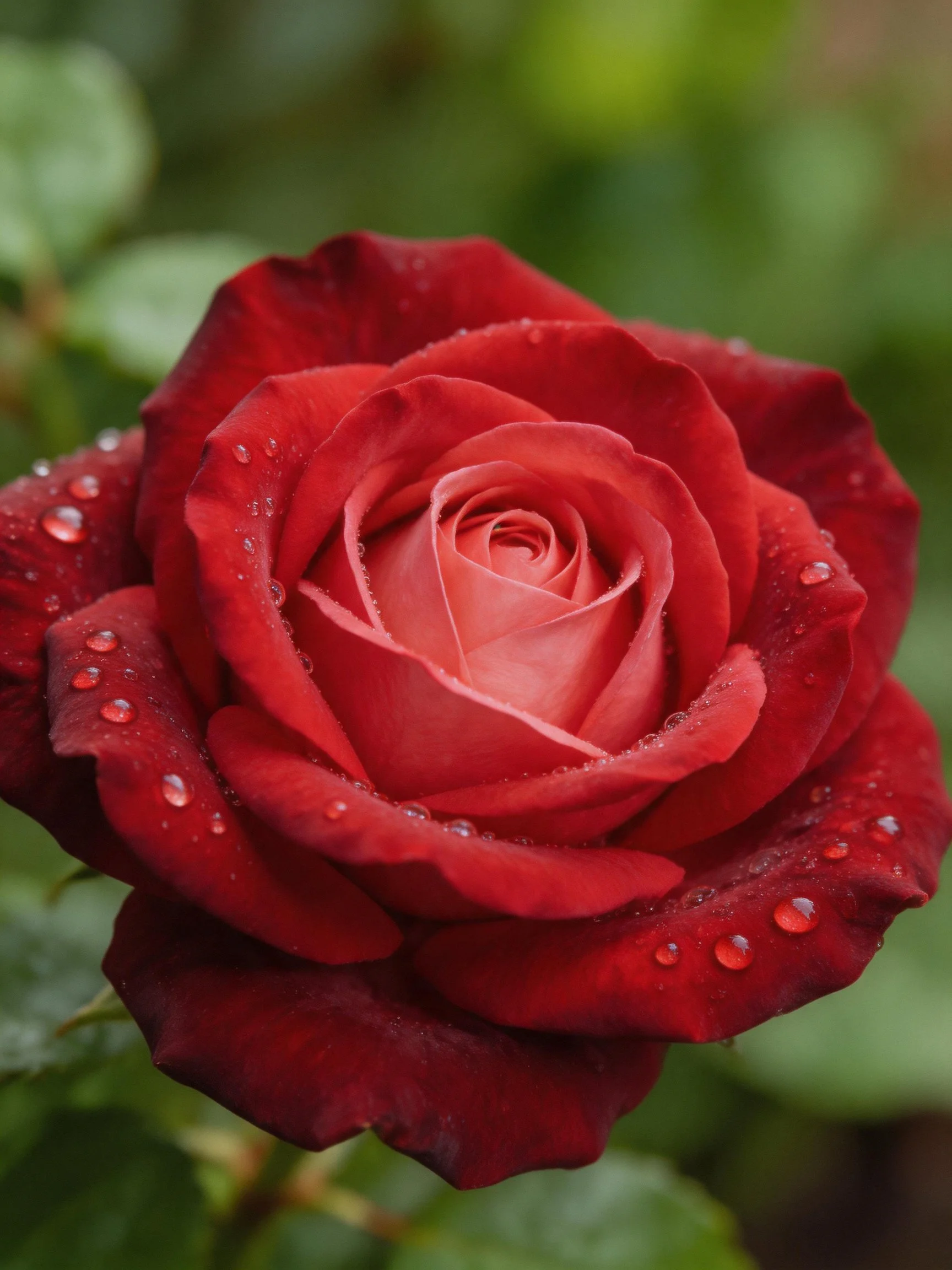 A deep red rose with water droplets on petals