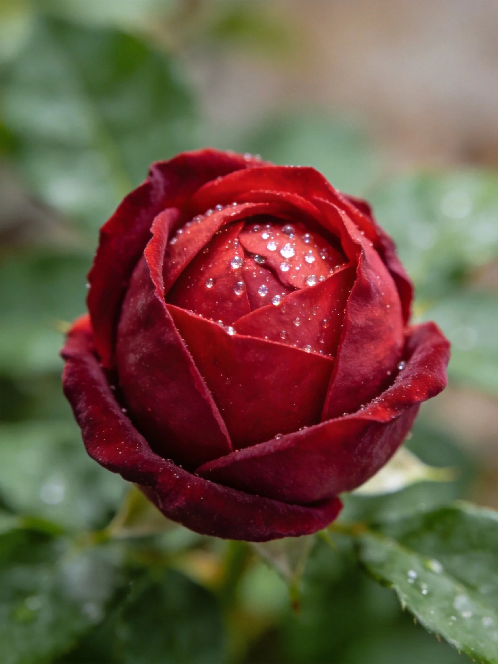 A deep red rosebud with glistening dewdrops