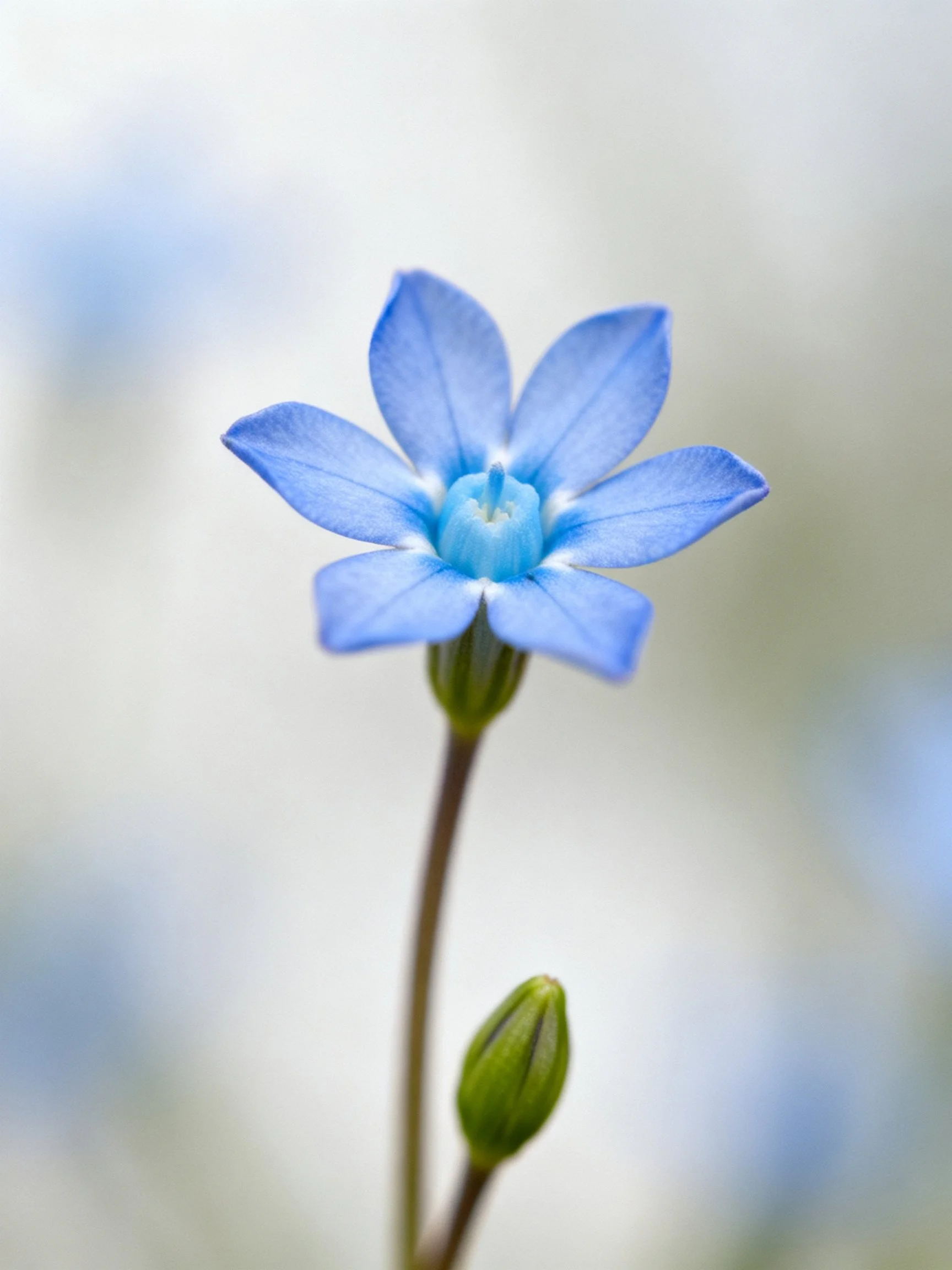 Close - up of a small blue flower with a bud on a slender stem.