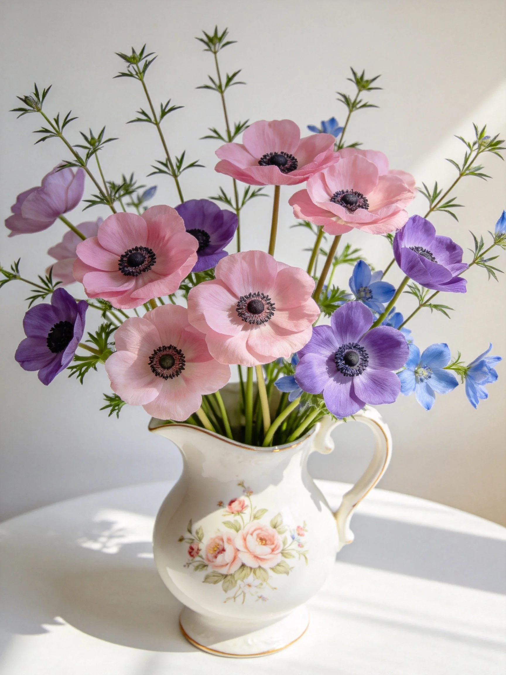 A delicate floral arrangement in a vintage ceramic pitcher featuring pink, purple, and blue blooms