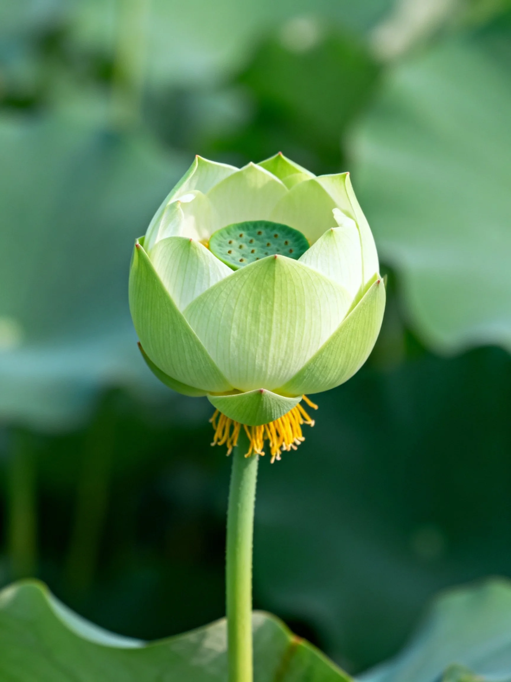 A delicate green lotus bud with yellow stamens