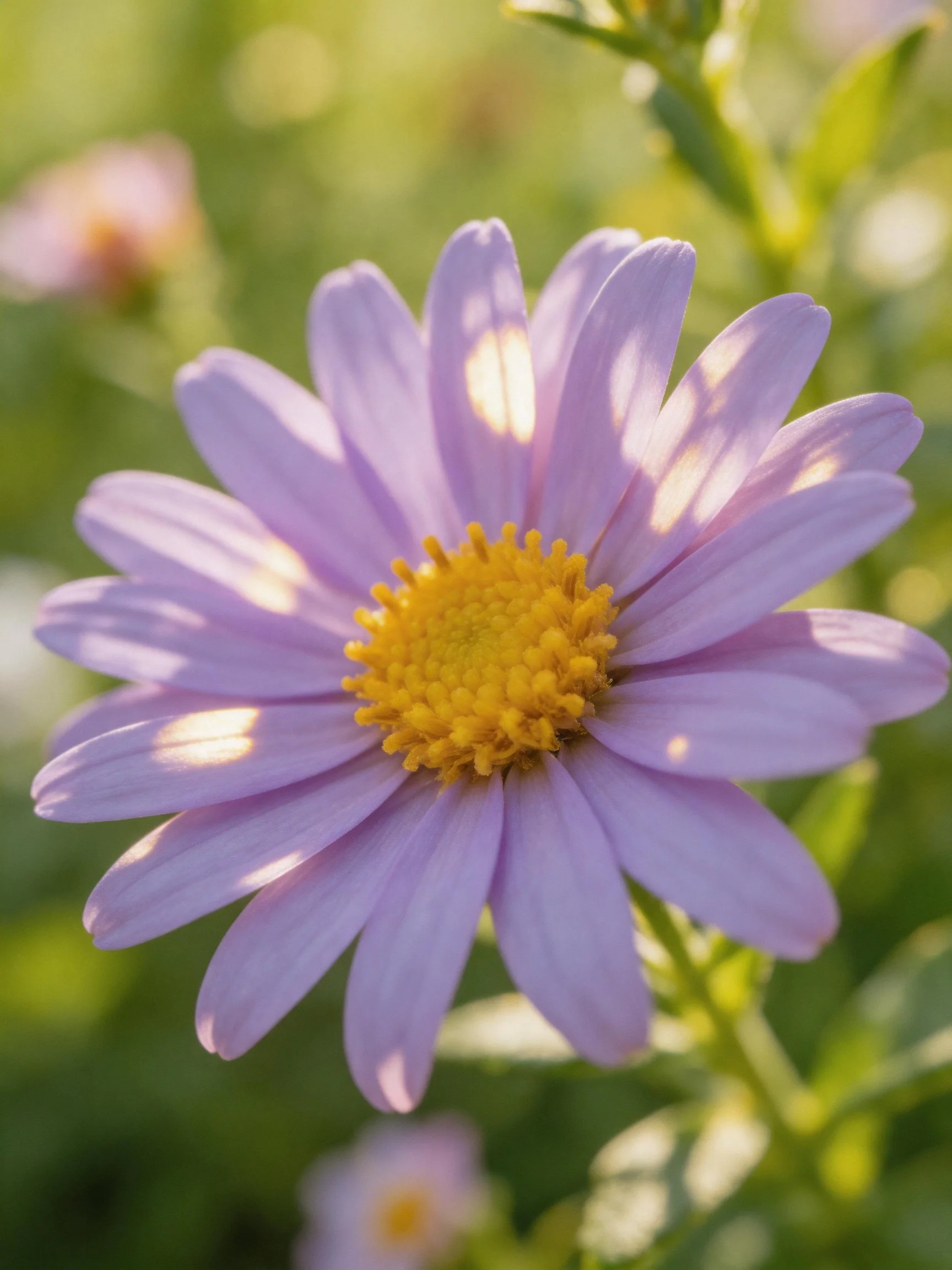 A delicate lavender daisy with a bright yellow center