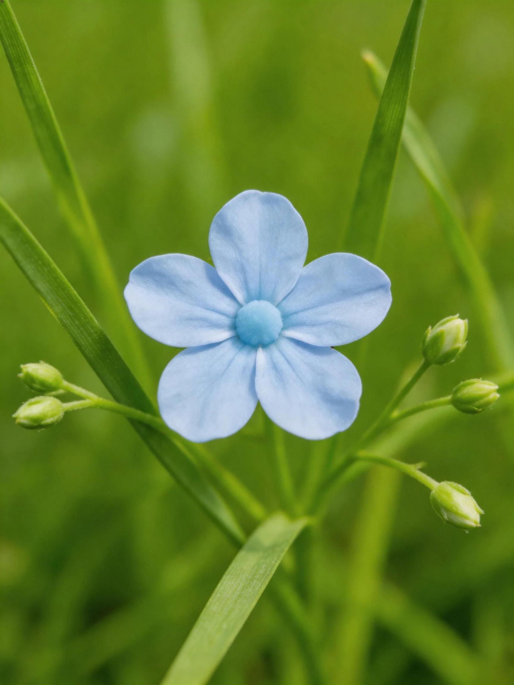 A delicate light blue flower with green foliage and buds