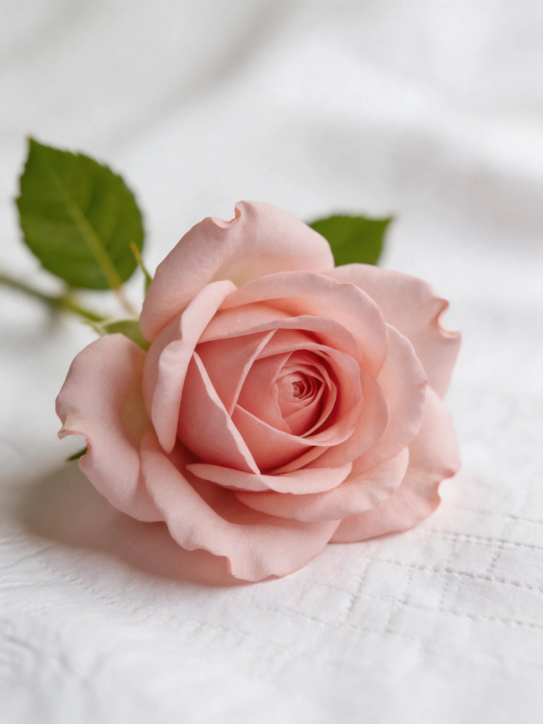 A delicate pale pink rose with green leaves rests on white fabric