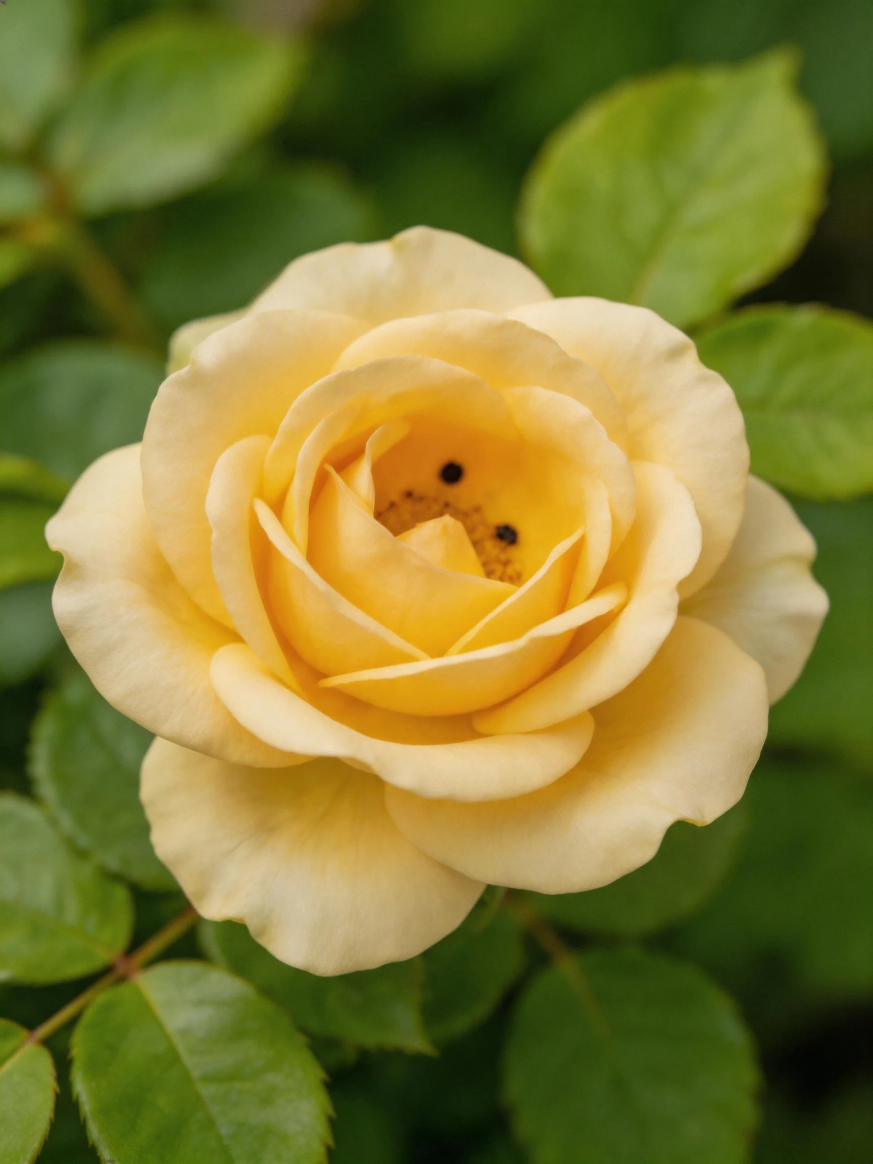 A delicate pale yellow rose surrounded by lush green foliage