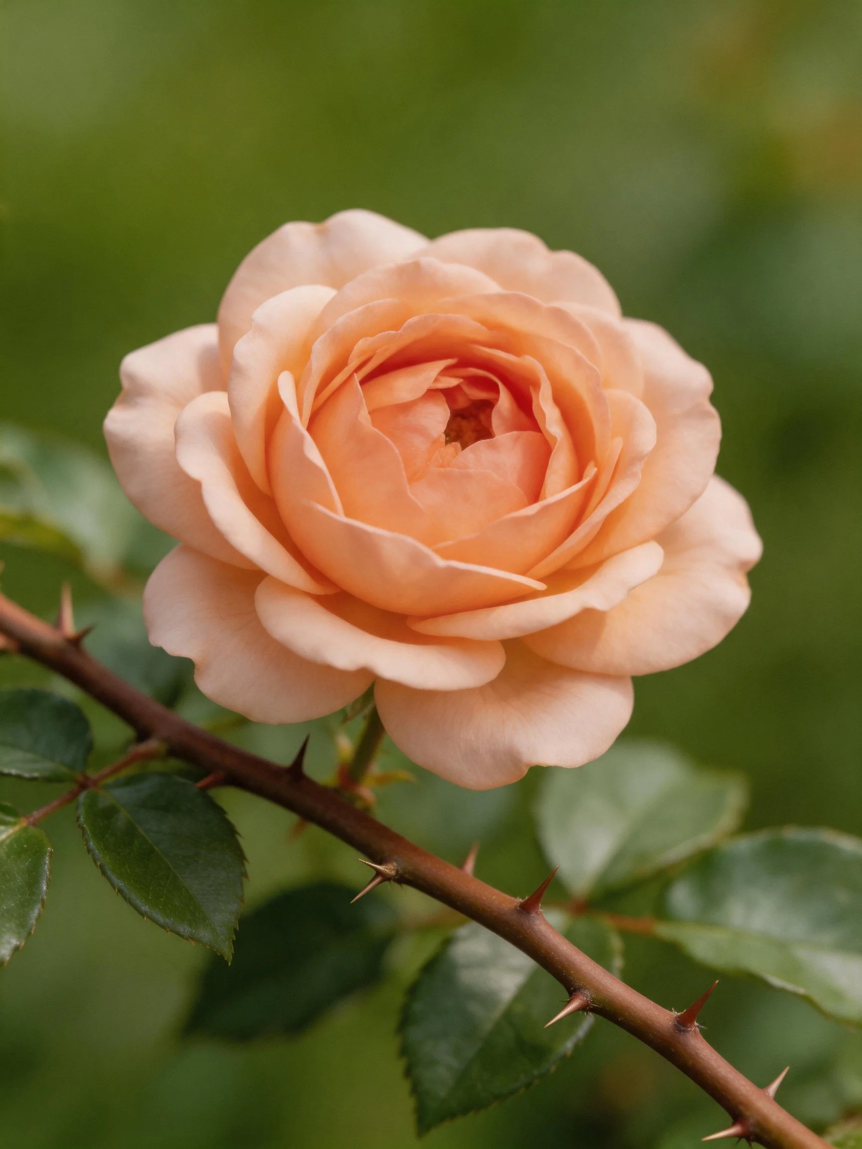 A delicate peach rose blooms on a thorny brown stem