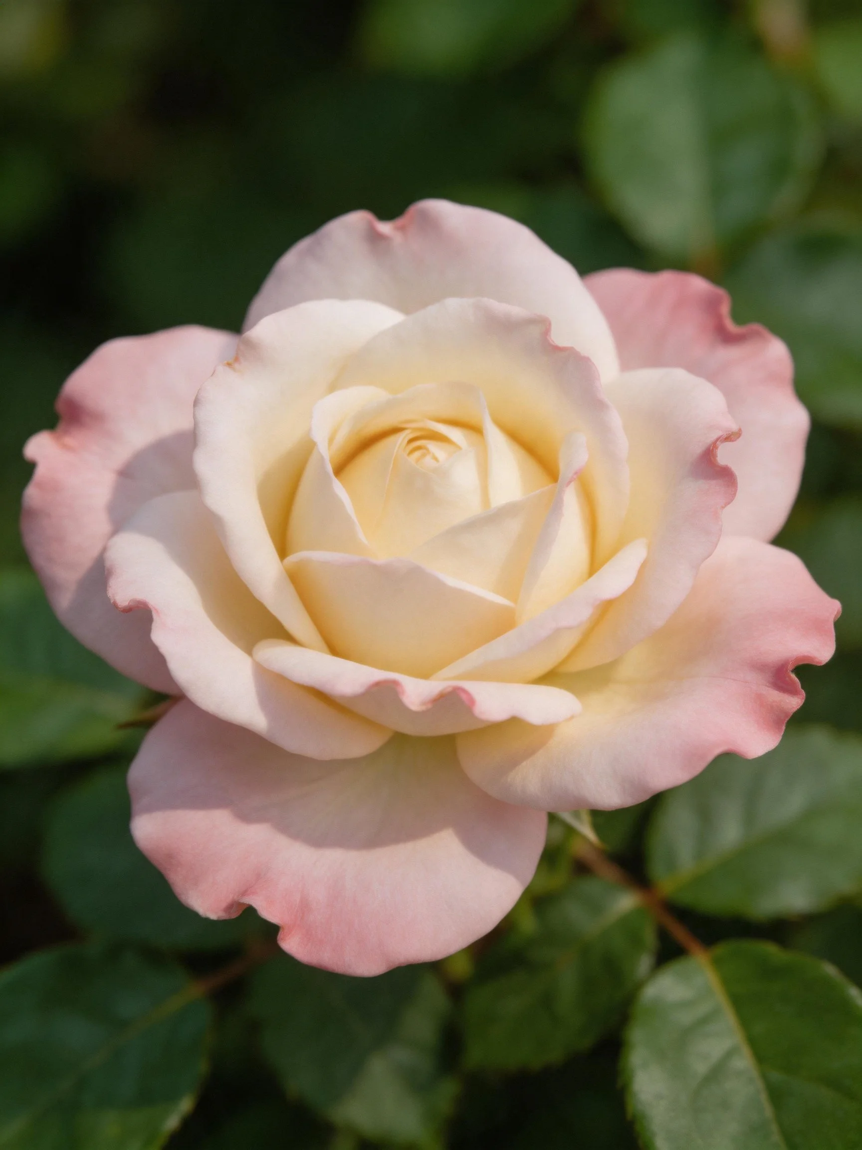 A delicate pink and cream rose blooms amid lush green leaves