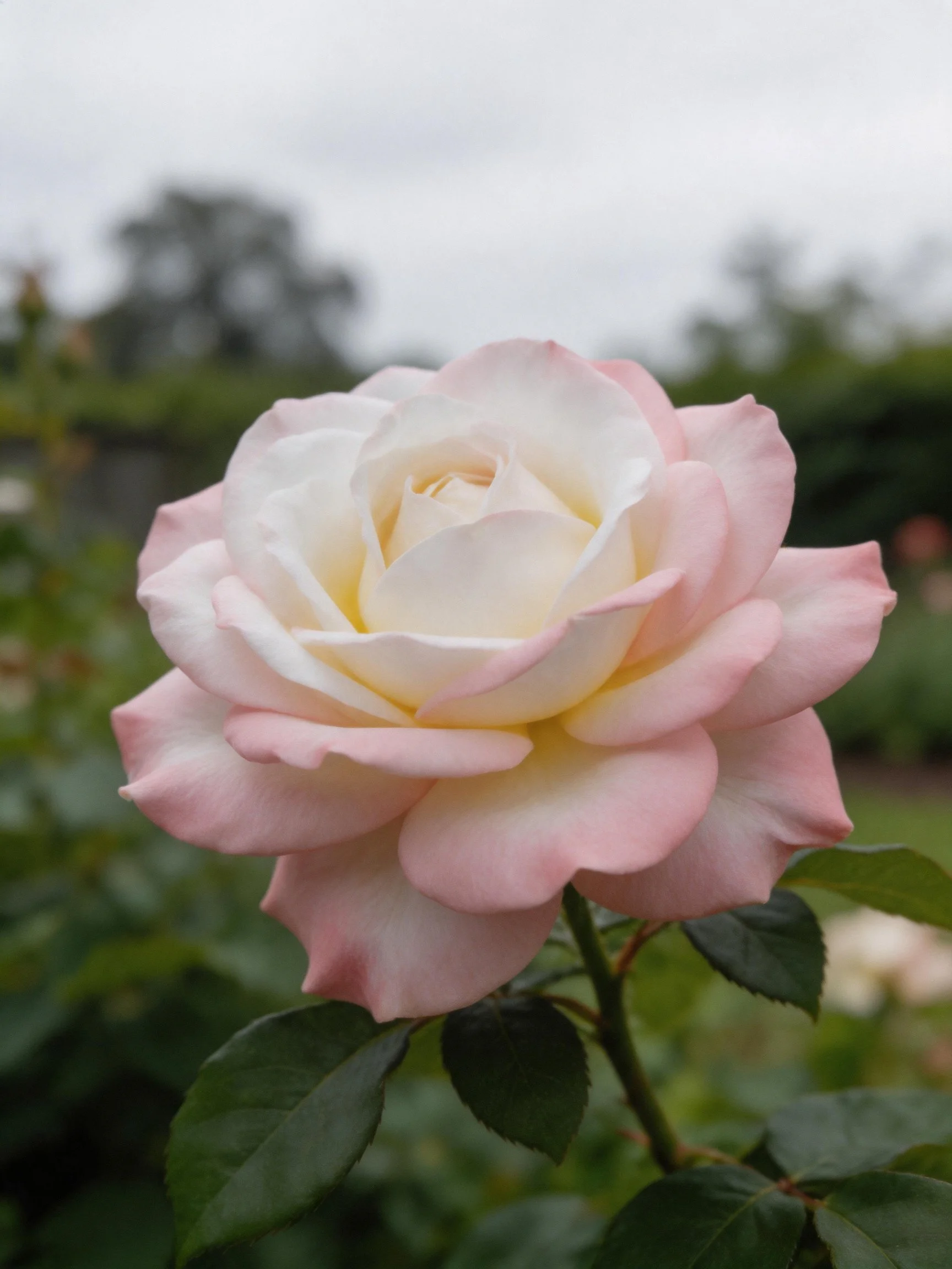 A delicate pink and cream rose stands out in a verdant garden