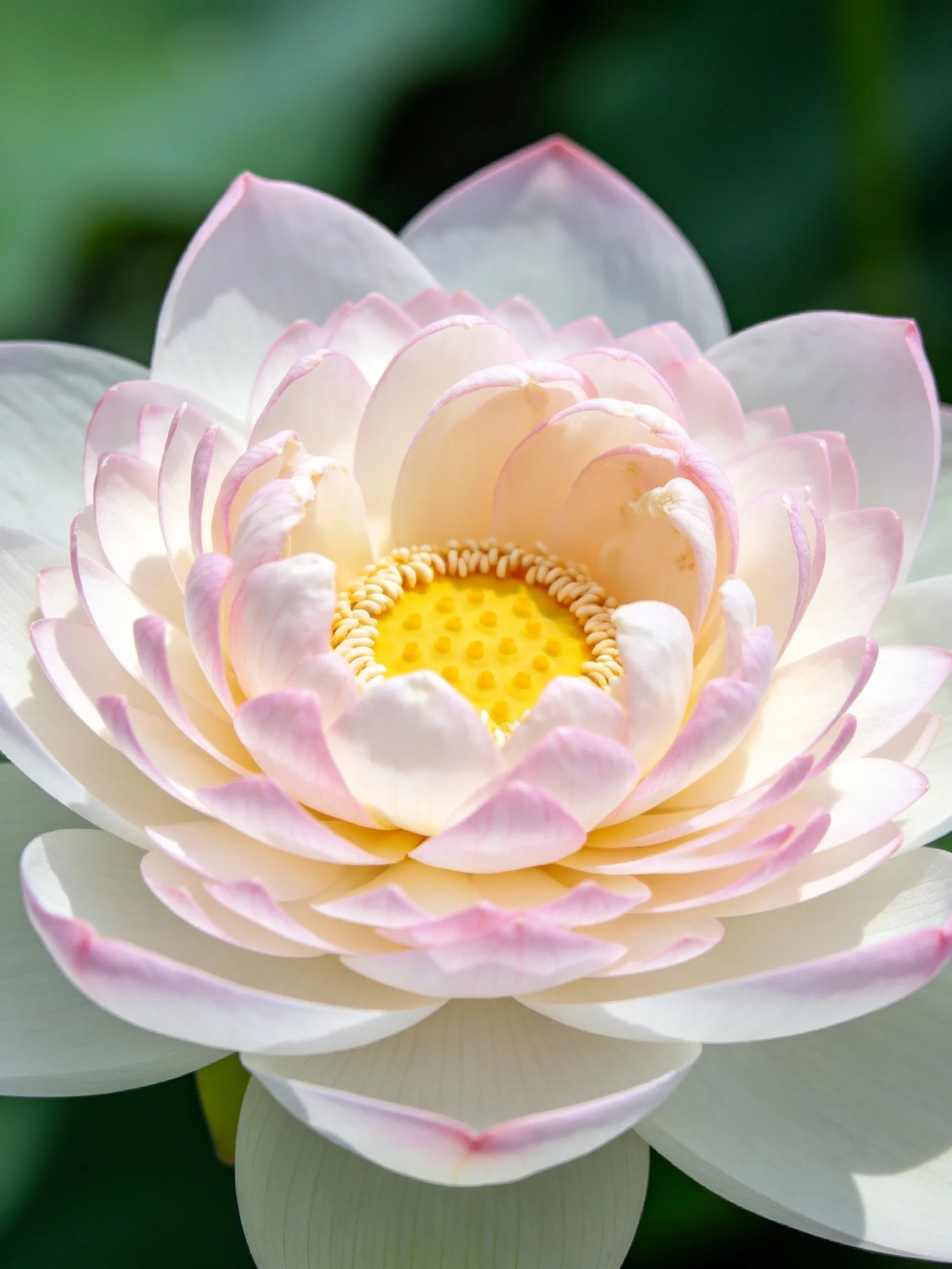 A delicate pink and white blooming lotus with a bright yellow center