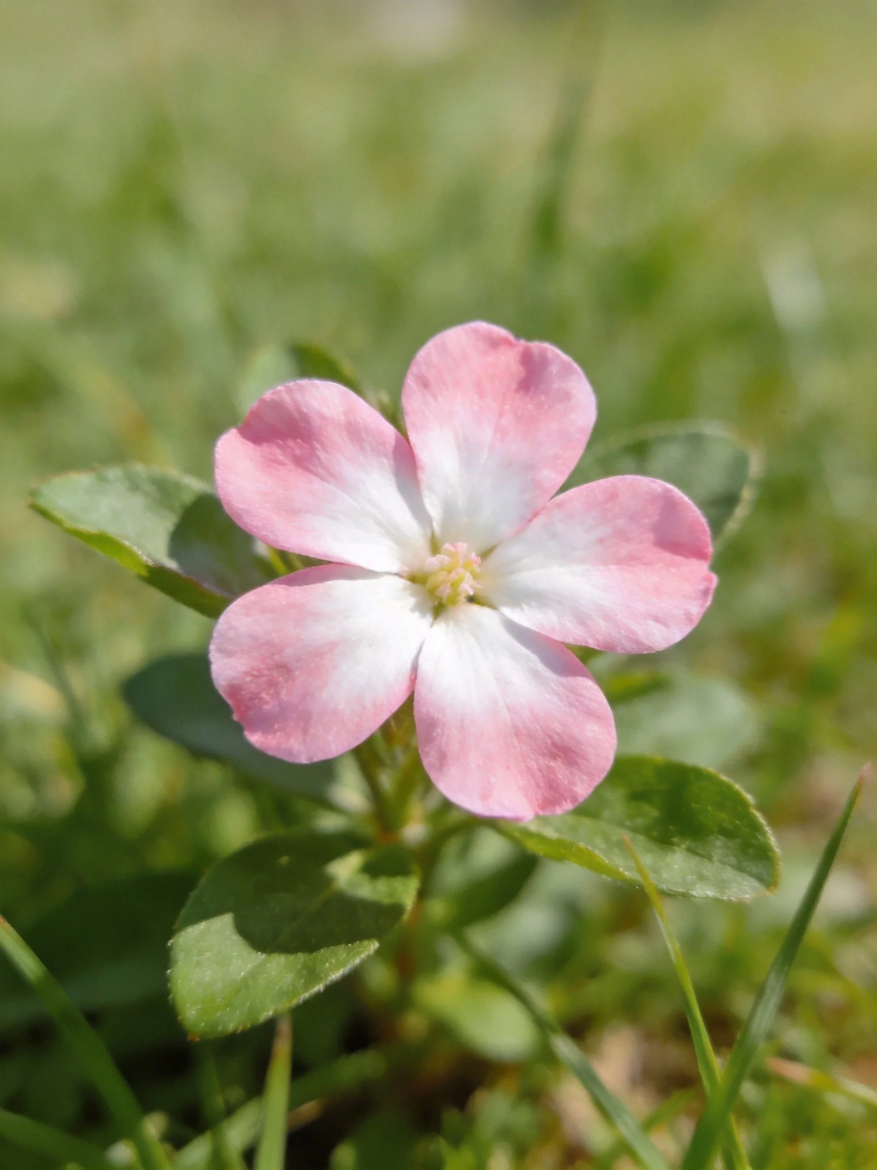 A delicate pink and white five - petaled flower amidst green foliage