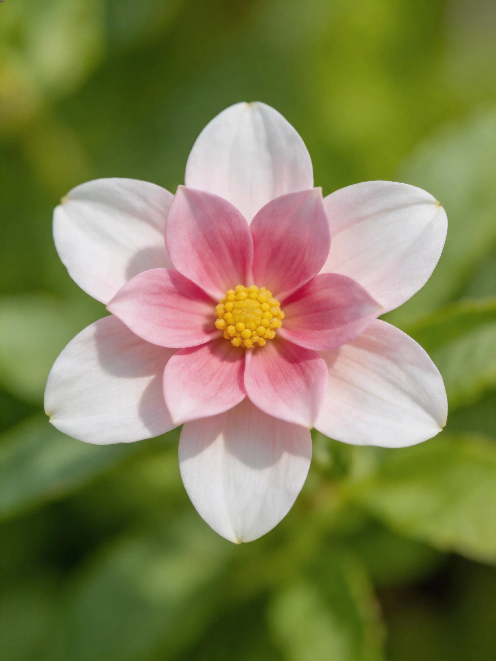 A delicate pink and white flower with a bright yellow center