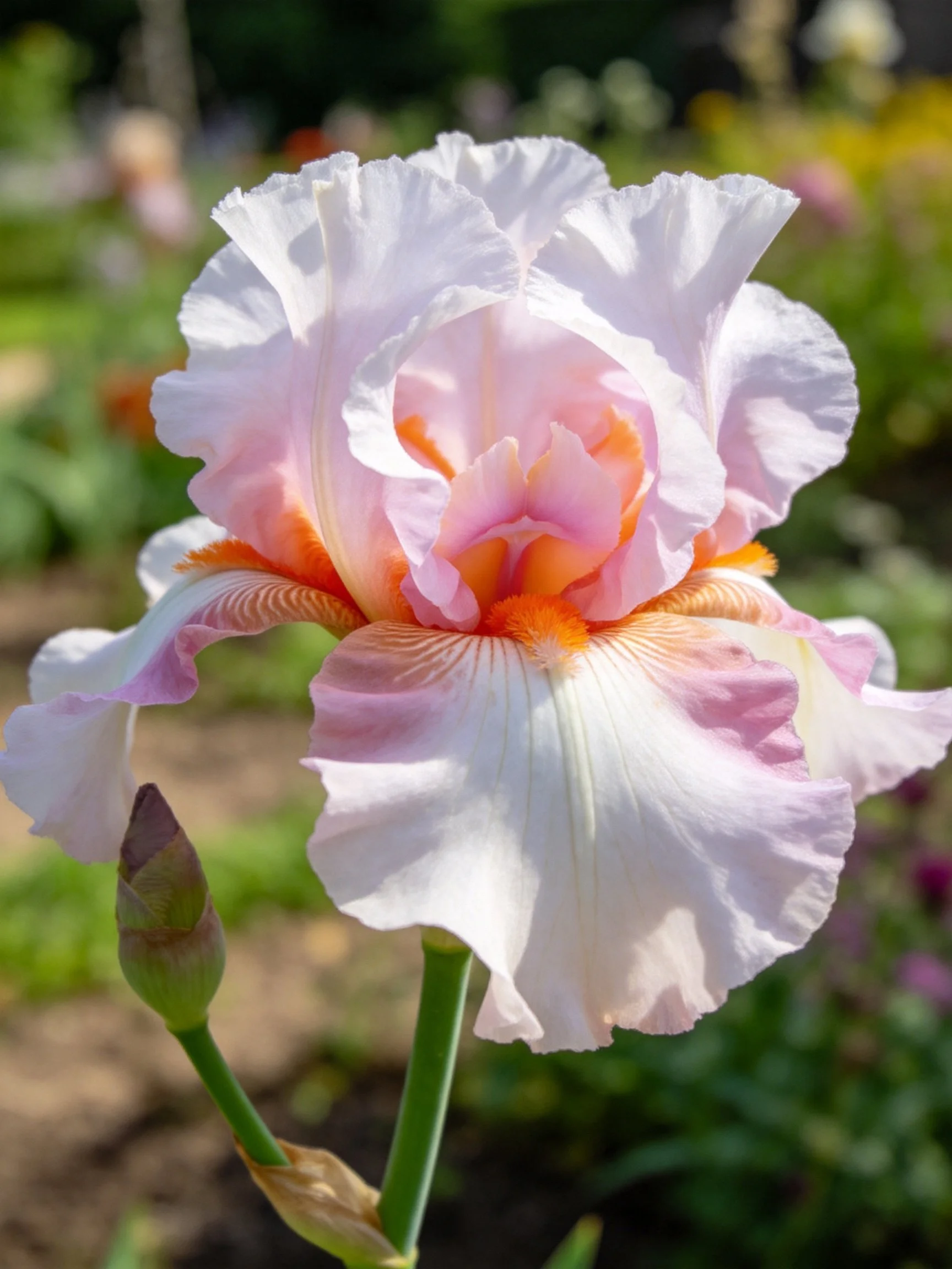 A delicate pink and white iris with orange accents blooming outdoors
