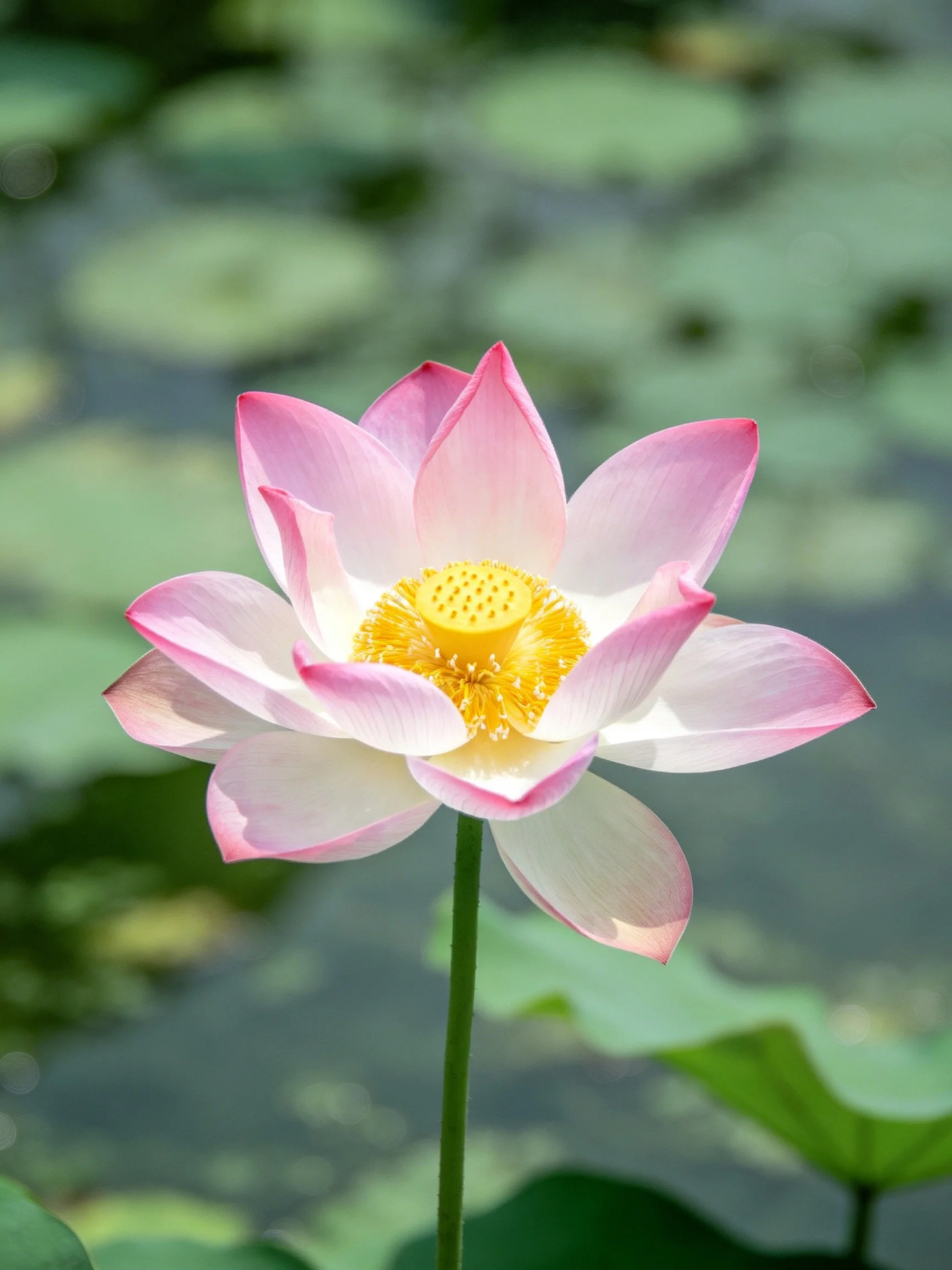 A delicate pink and white lotus blooms near green lily pads