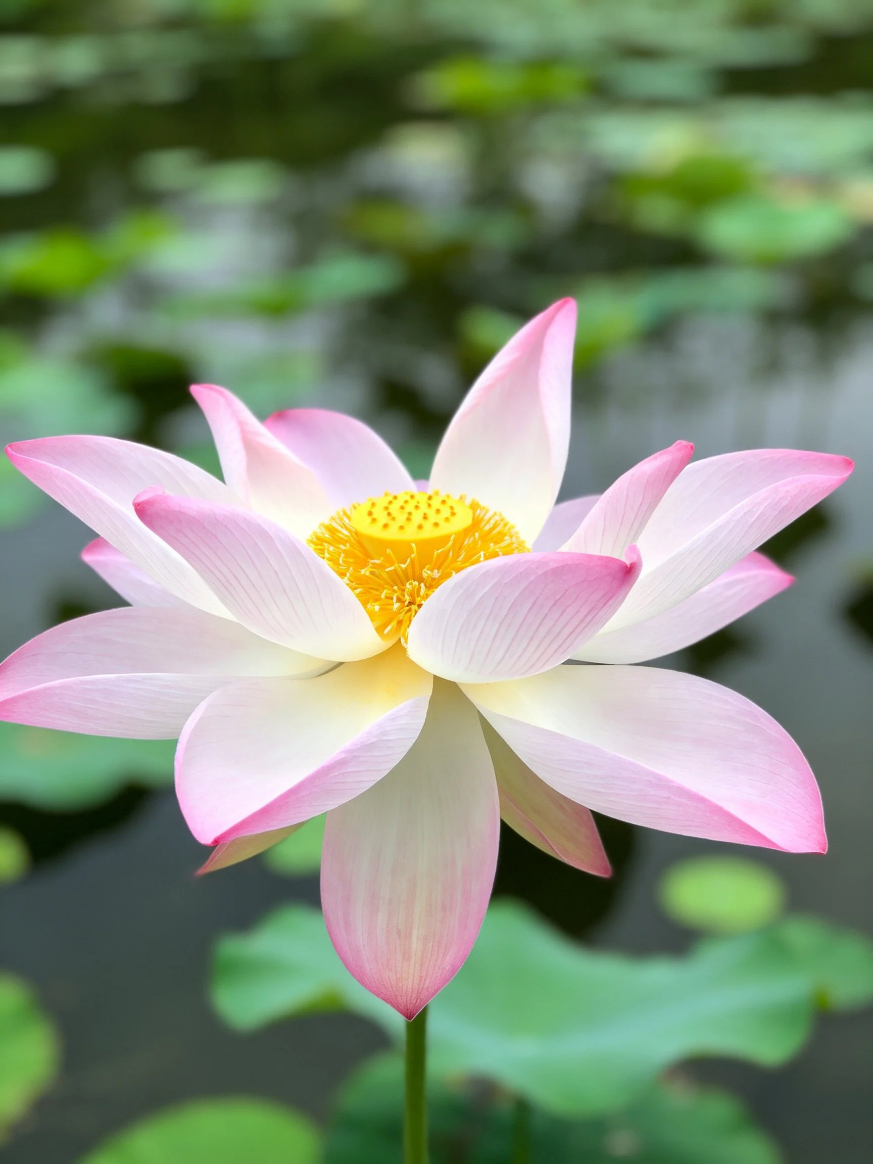 A delicate pink and white lotus blooms near green lily pads