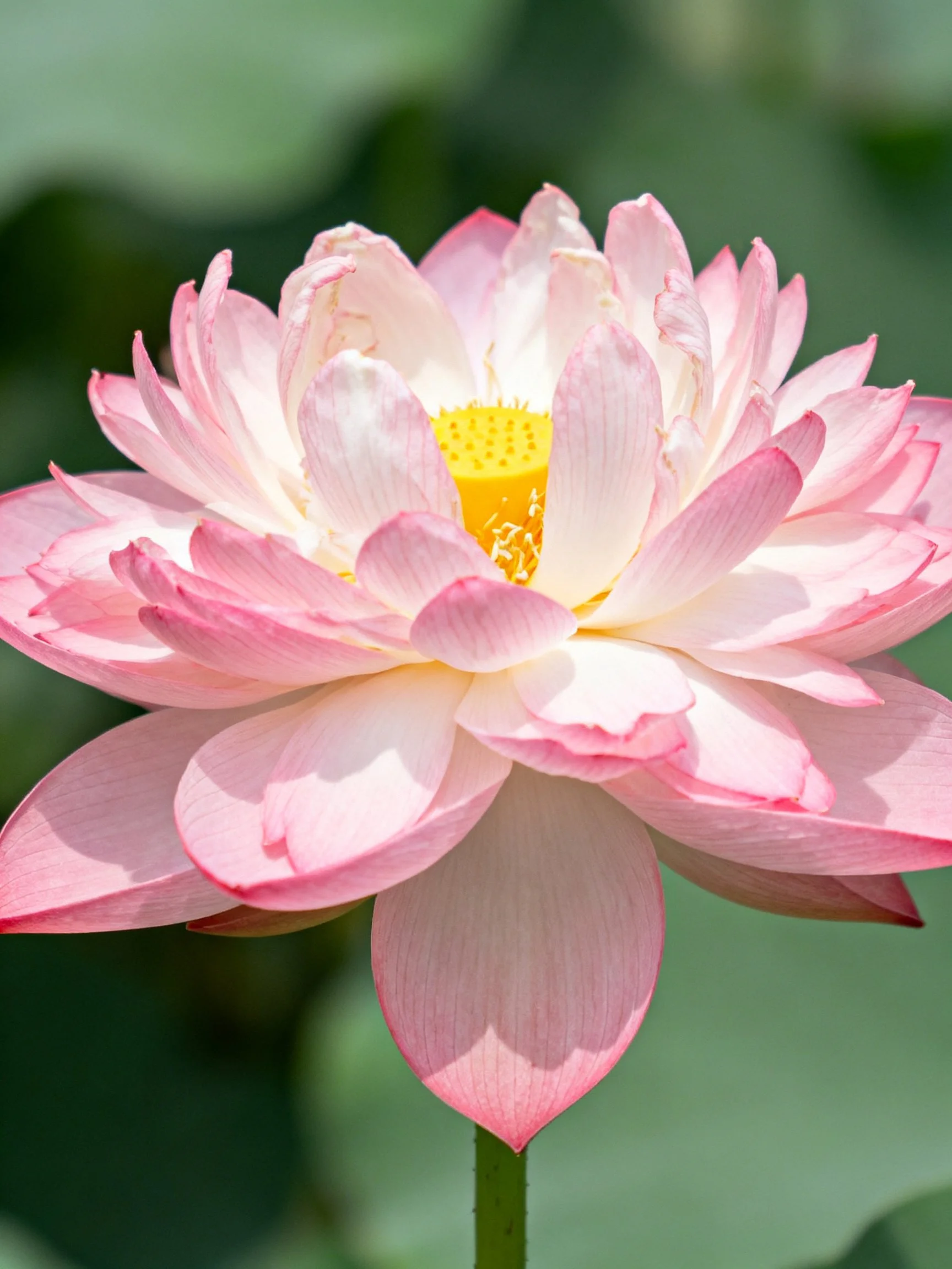 A delicate pink and white lotus blossom with a bright yellow center