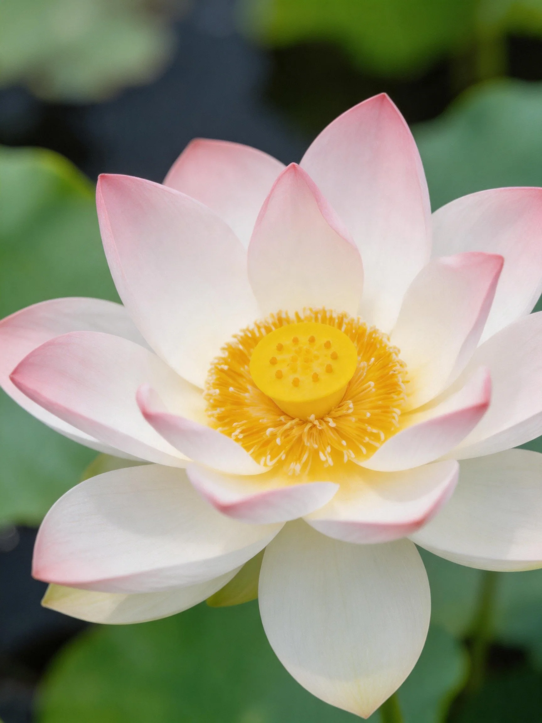A delicate pink and white lotus with a bright yellow center