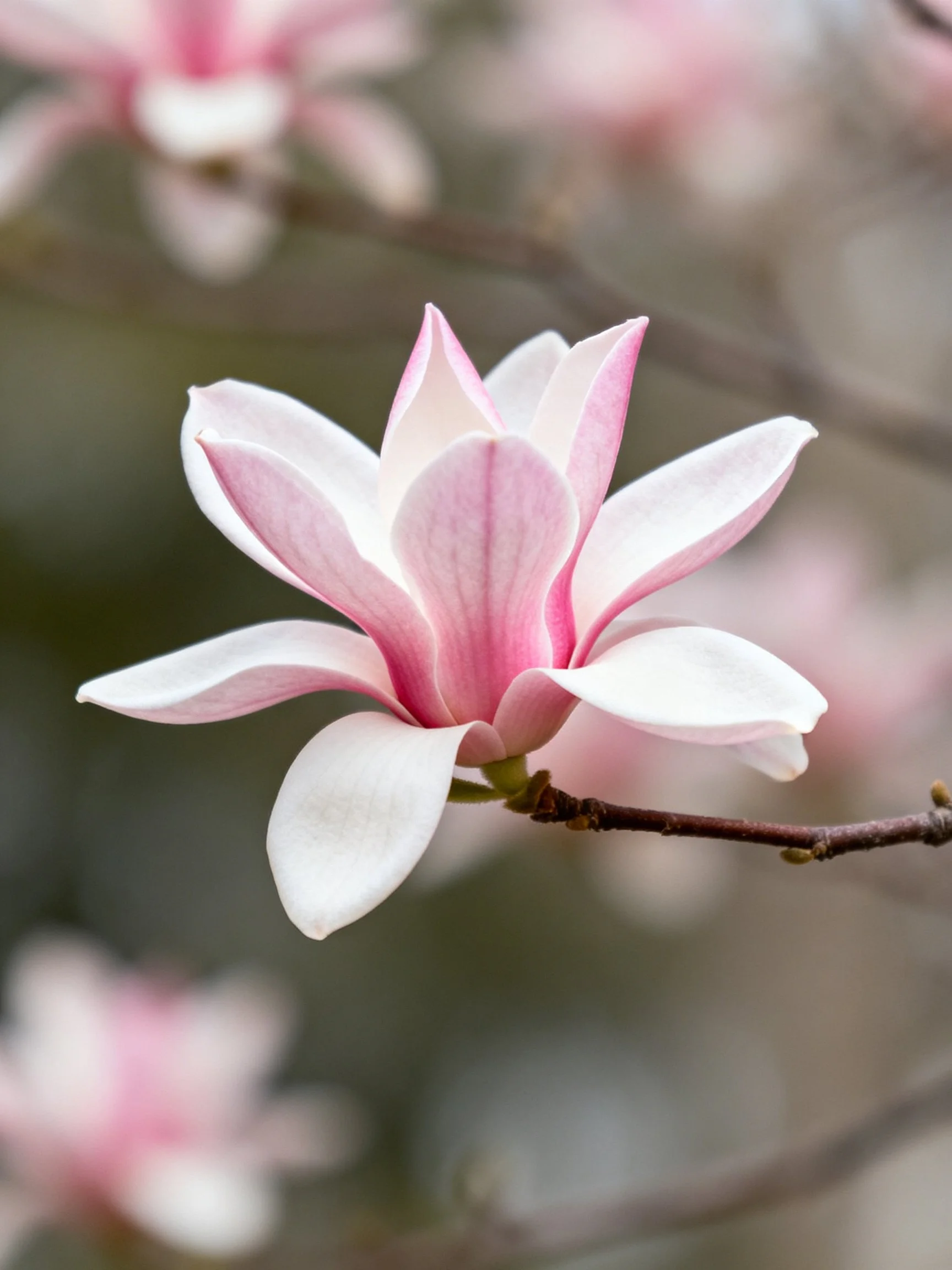 A delicate pink and white magnolia flower on a thin branch