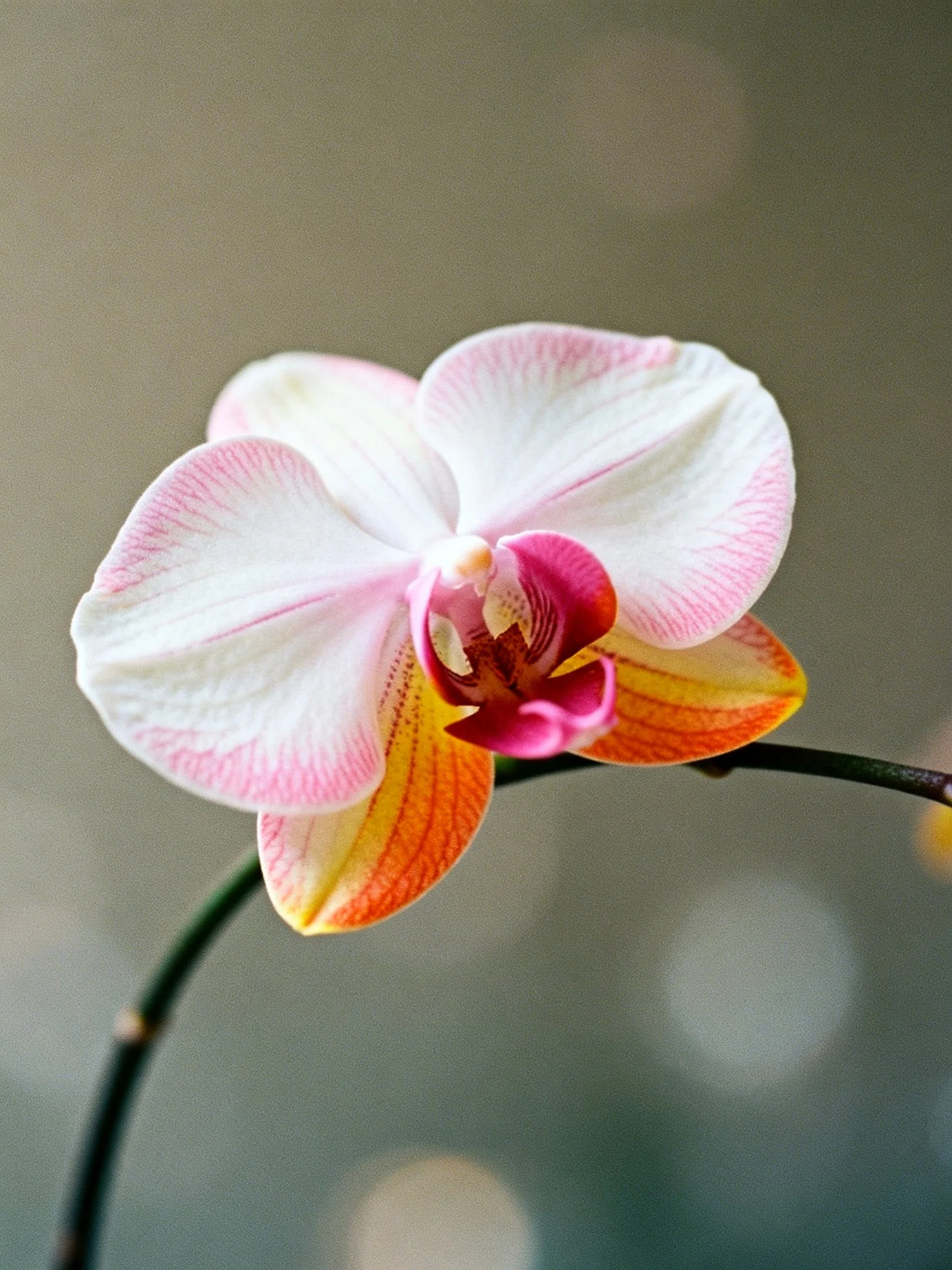 A delicate pink and white orchid with orange accents blooms on a curved stem