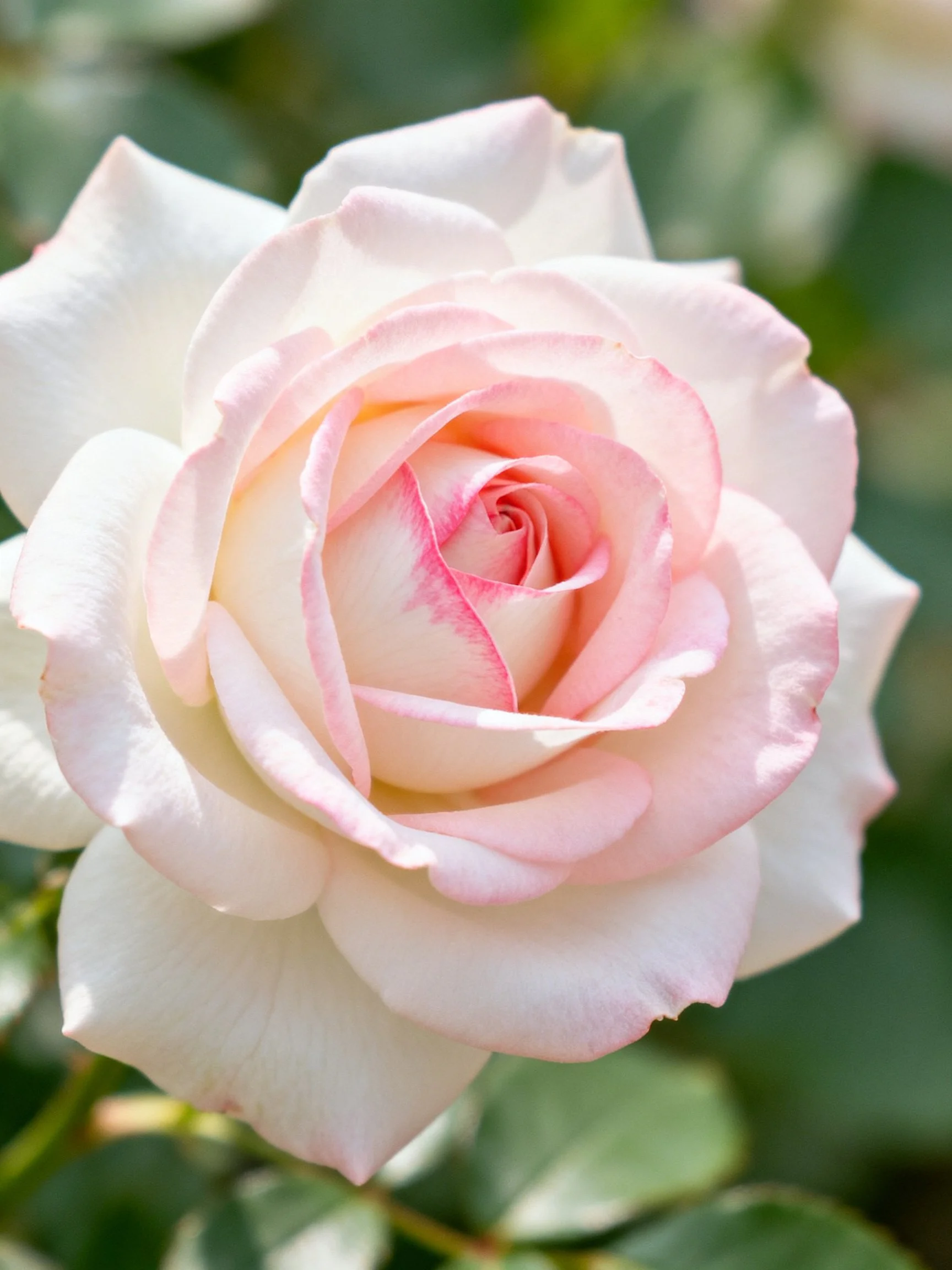 A delicate pink and white rose blooming among green foliage