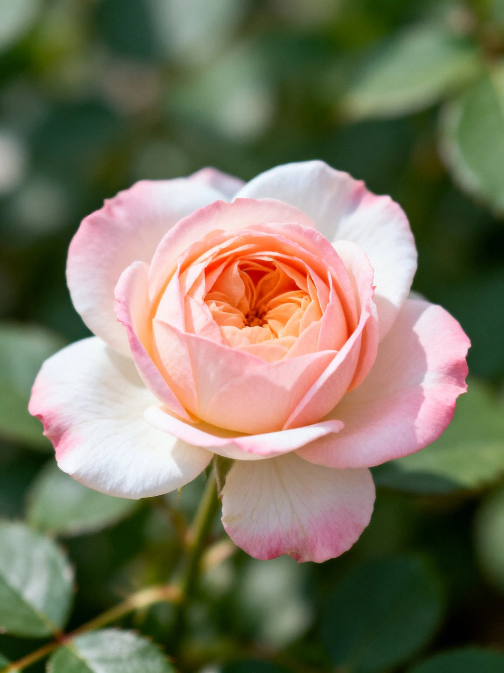 A delicate pink and white rose blooms among green leaves