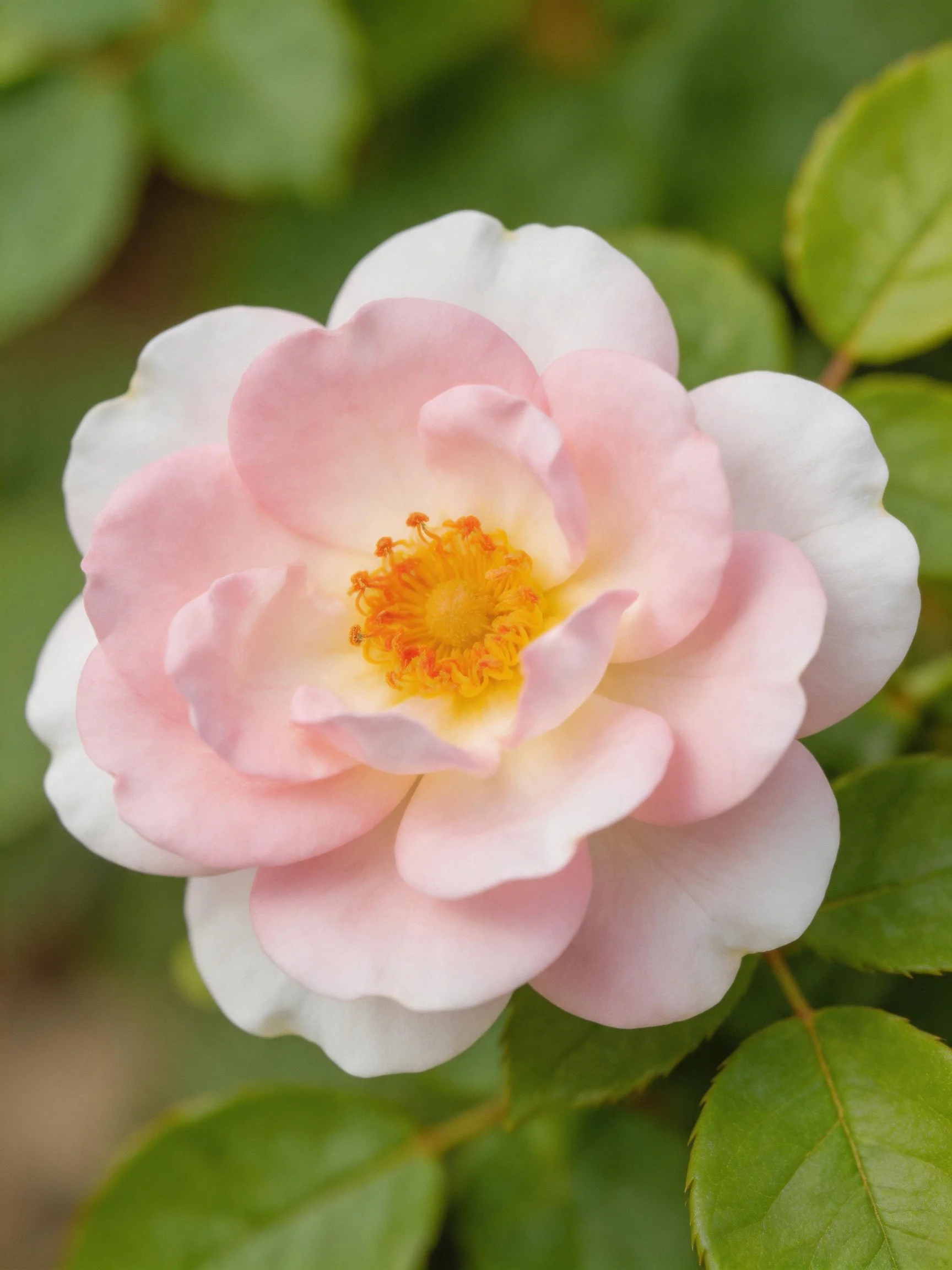 A delicate pink and white rose with vibrant yellow center