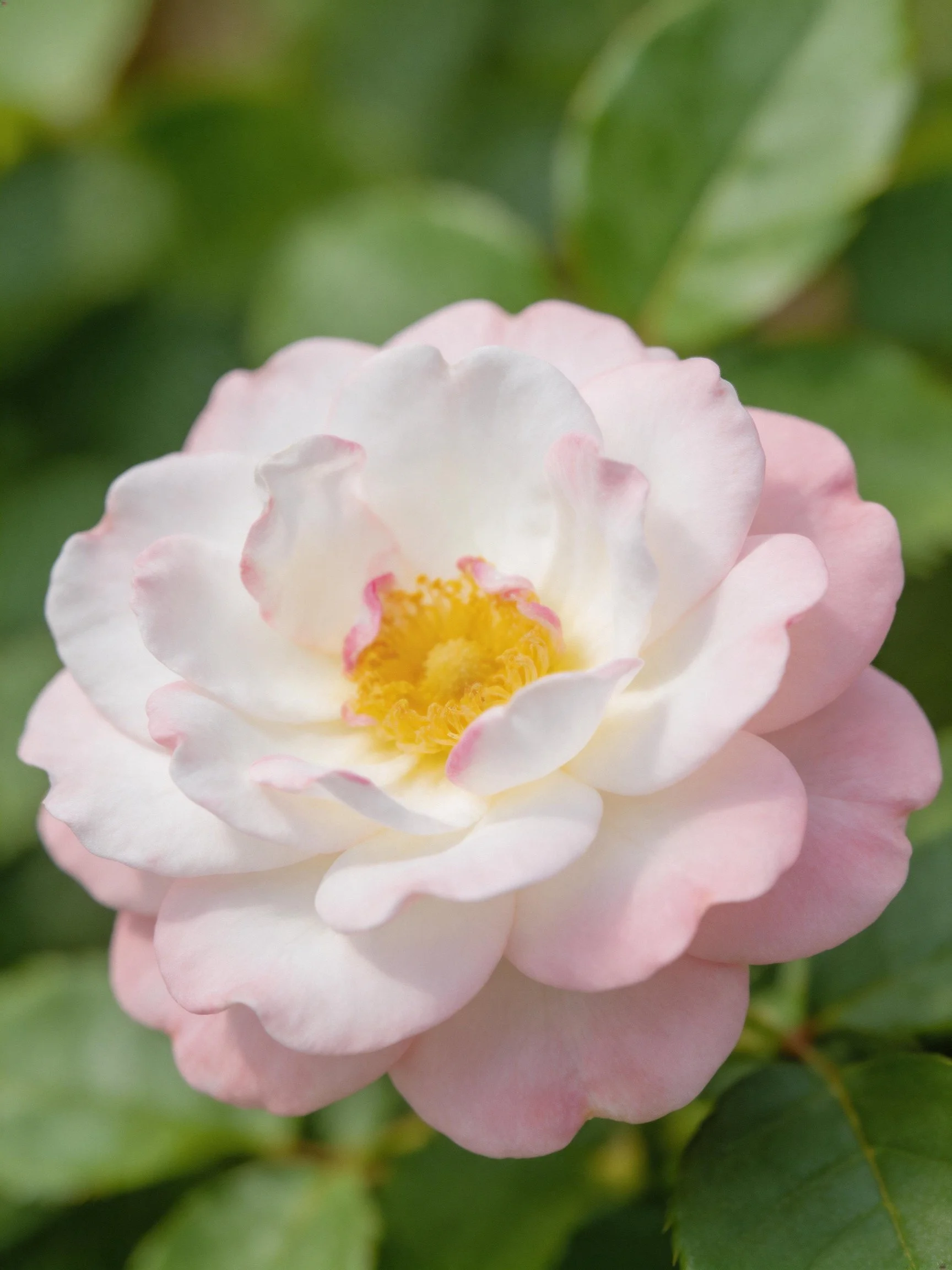 A delicate pink and white rose with yellow center amid green foliage