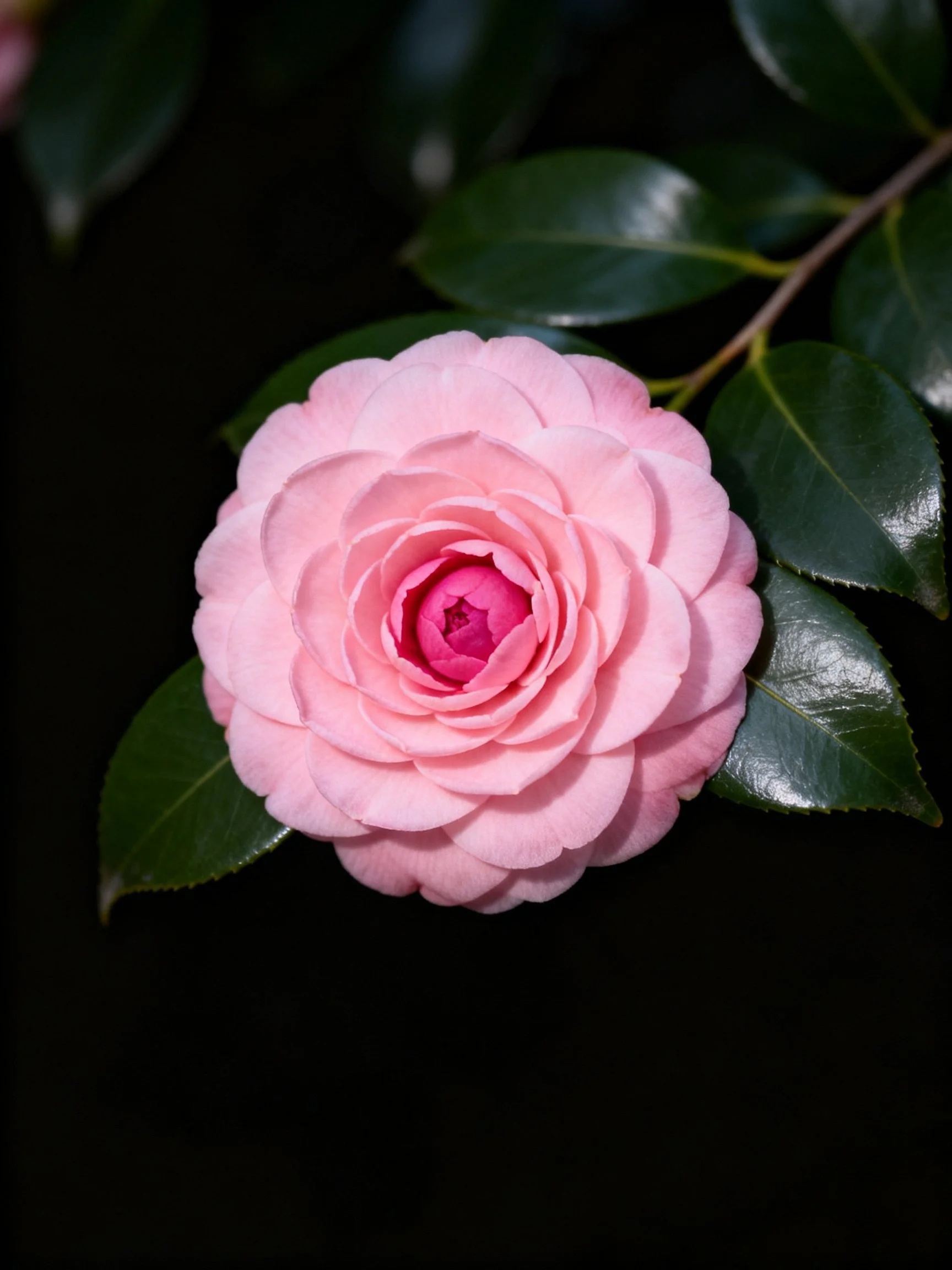A delicate pink camellia bloom with glossy dark green leaves