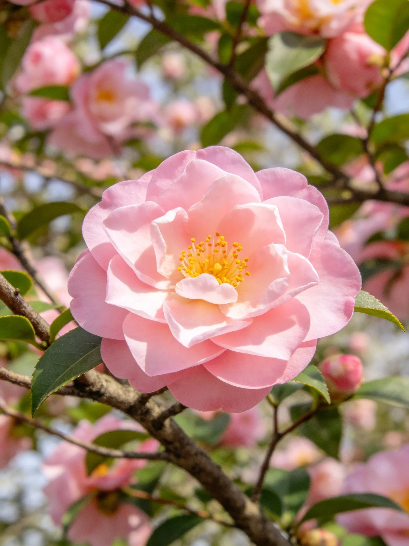 A delicate pink camellia blooms amid green foliage and buds