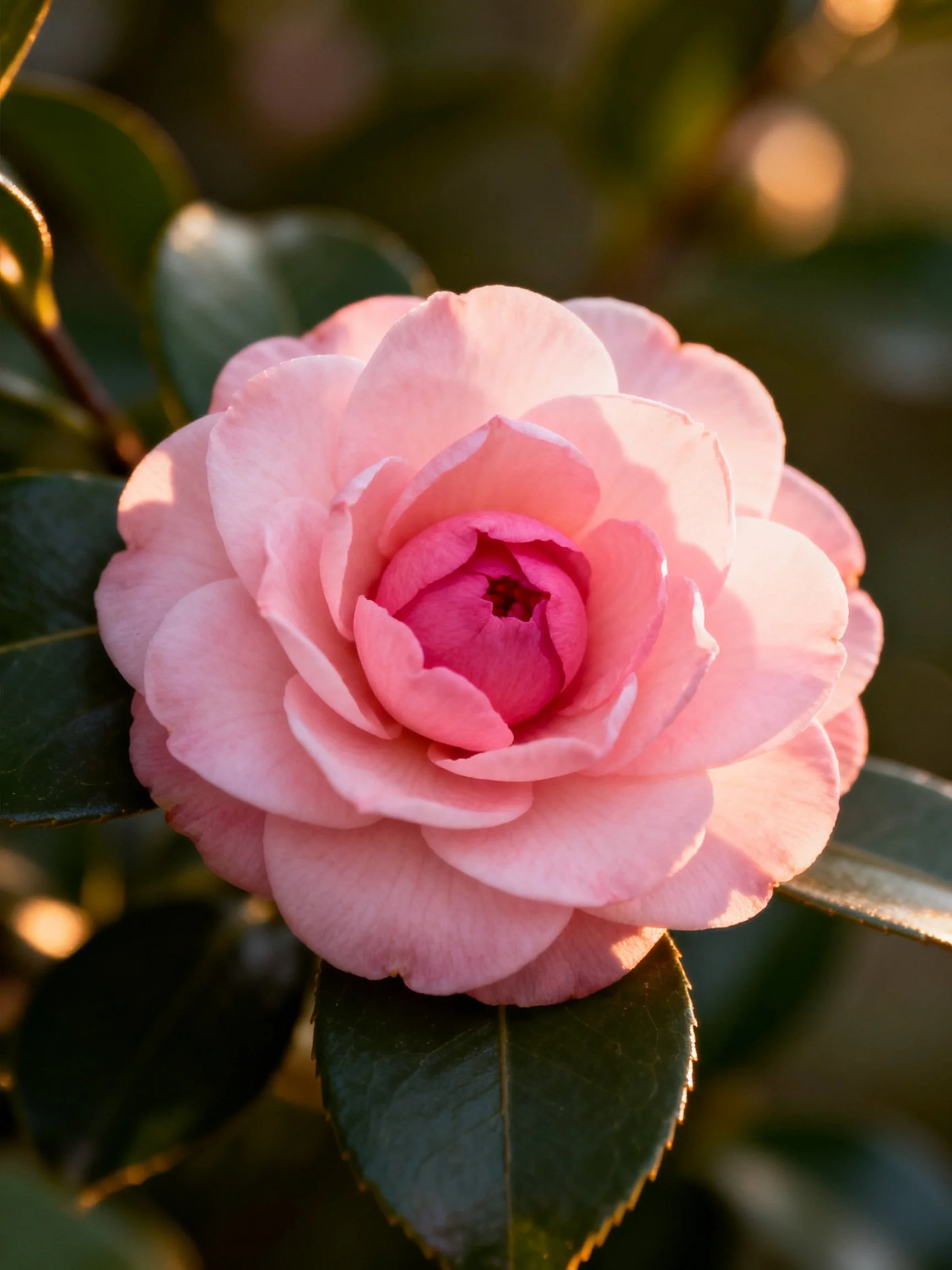 A delicate pink camellia flower with glossy green leaves