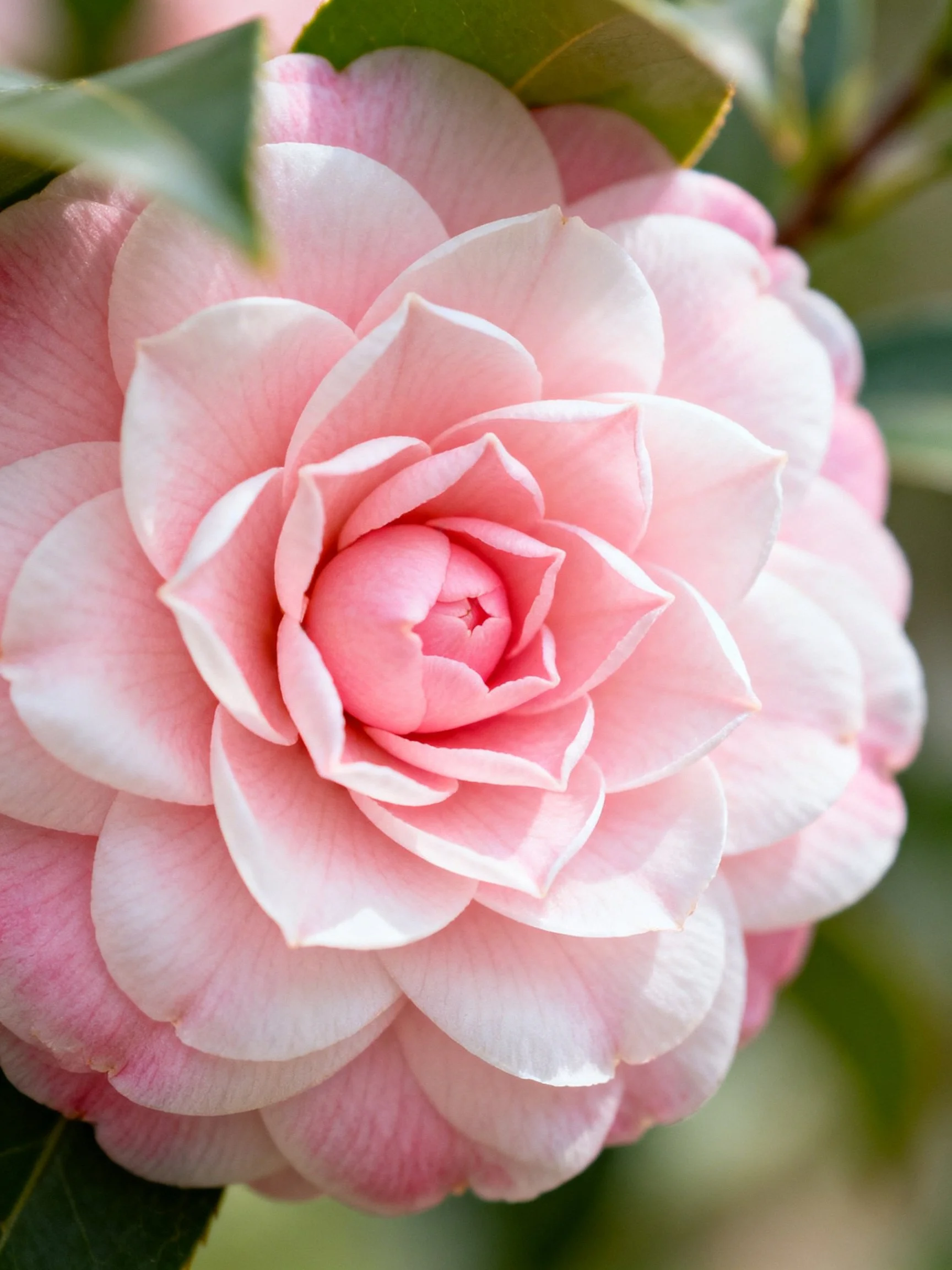 A delicate pink camellia flower with layered petals