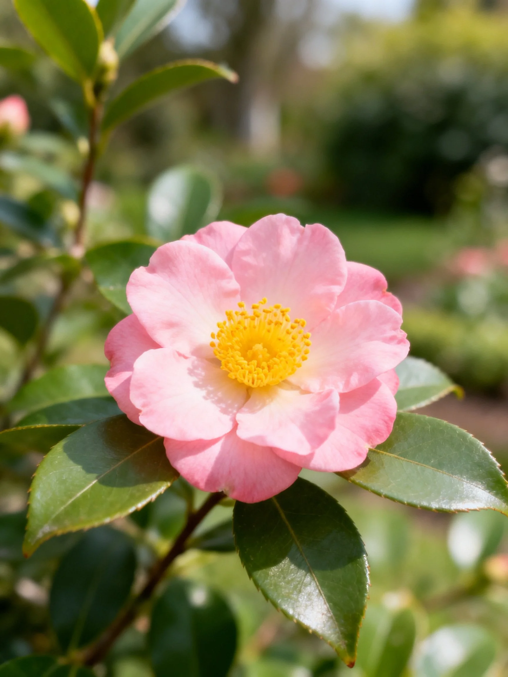 A delicate pink camellia with bright yellow center among glossy green leaves
