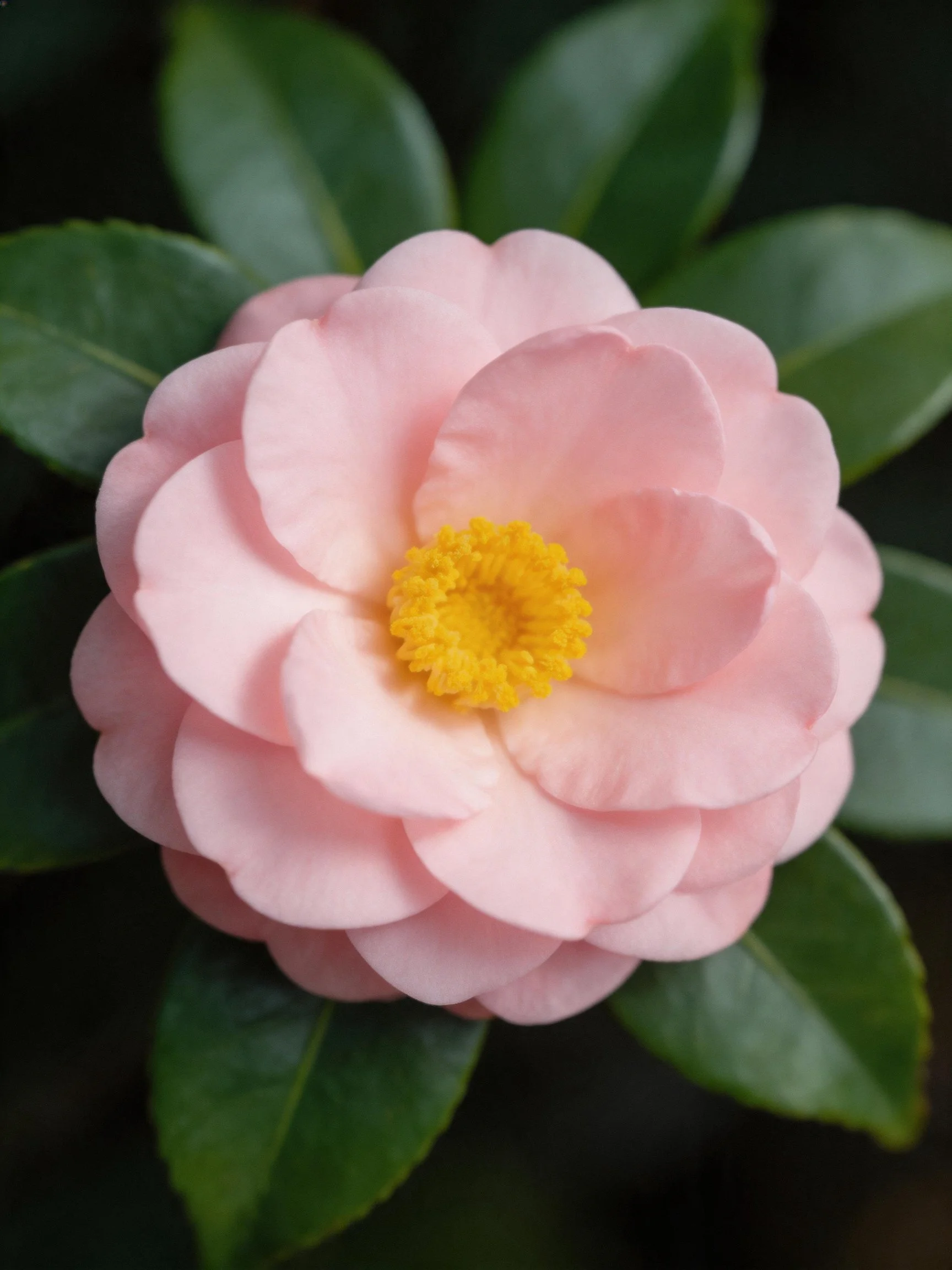 A delicate pink camellia with bright yellow center and glossy green leaves